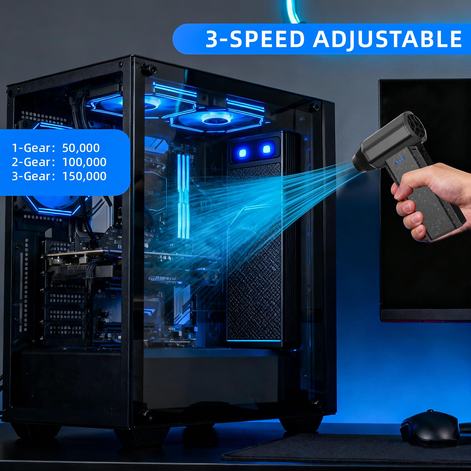 Plumero eléctrico inalámbrico de aire comprimido de 150000 rpm | Mini soplador de mano ajustable de 3 engranajes, carga rápida para teclado de computadora, limpieza de casa y coche (negro)
