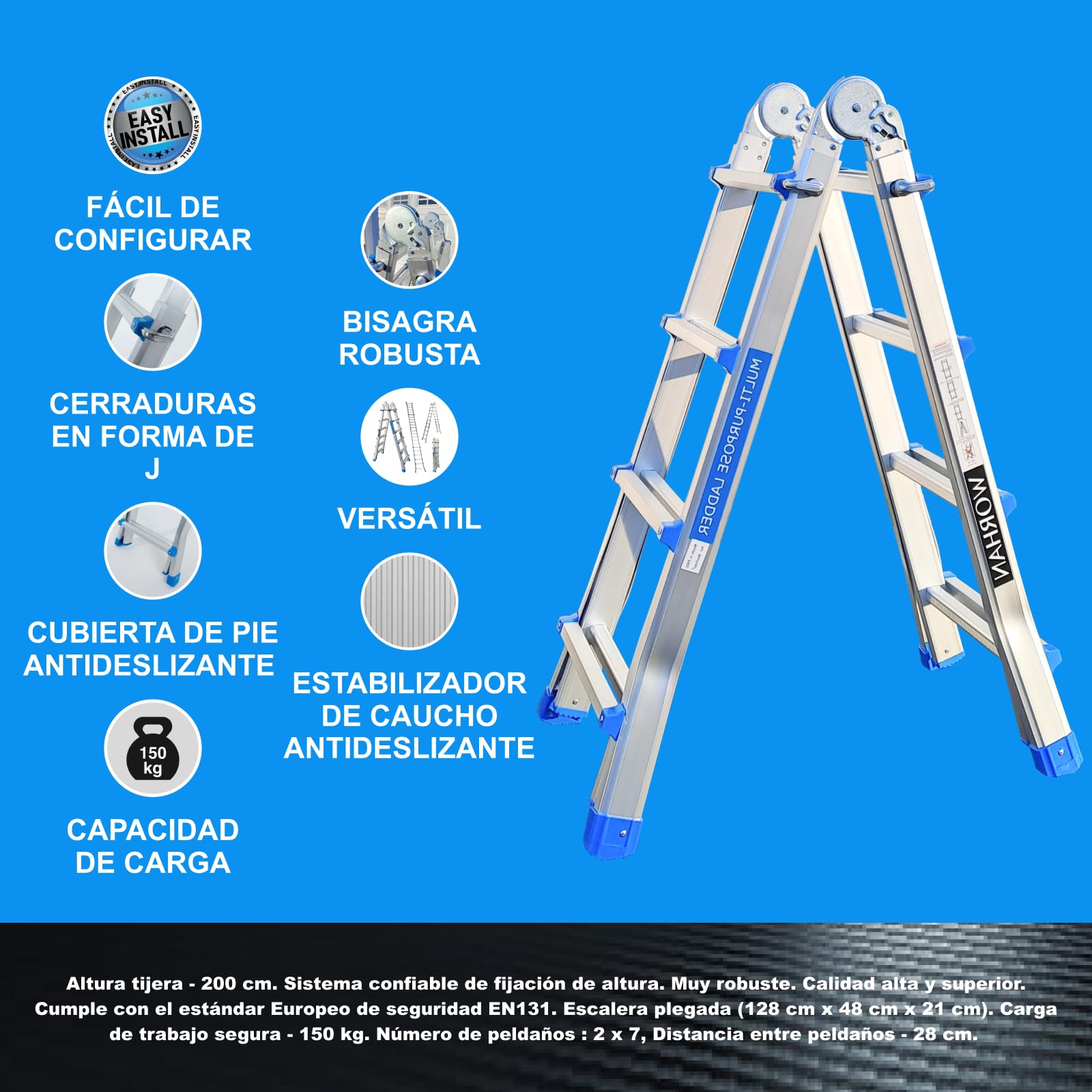 Escalera 414cm Aluminio Telescopica WORHAN 4.14m Multifuncion Multiuso WORHAN Aluminio Plegable Tijera L4