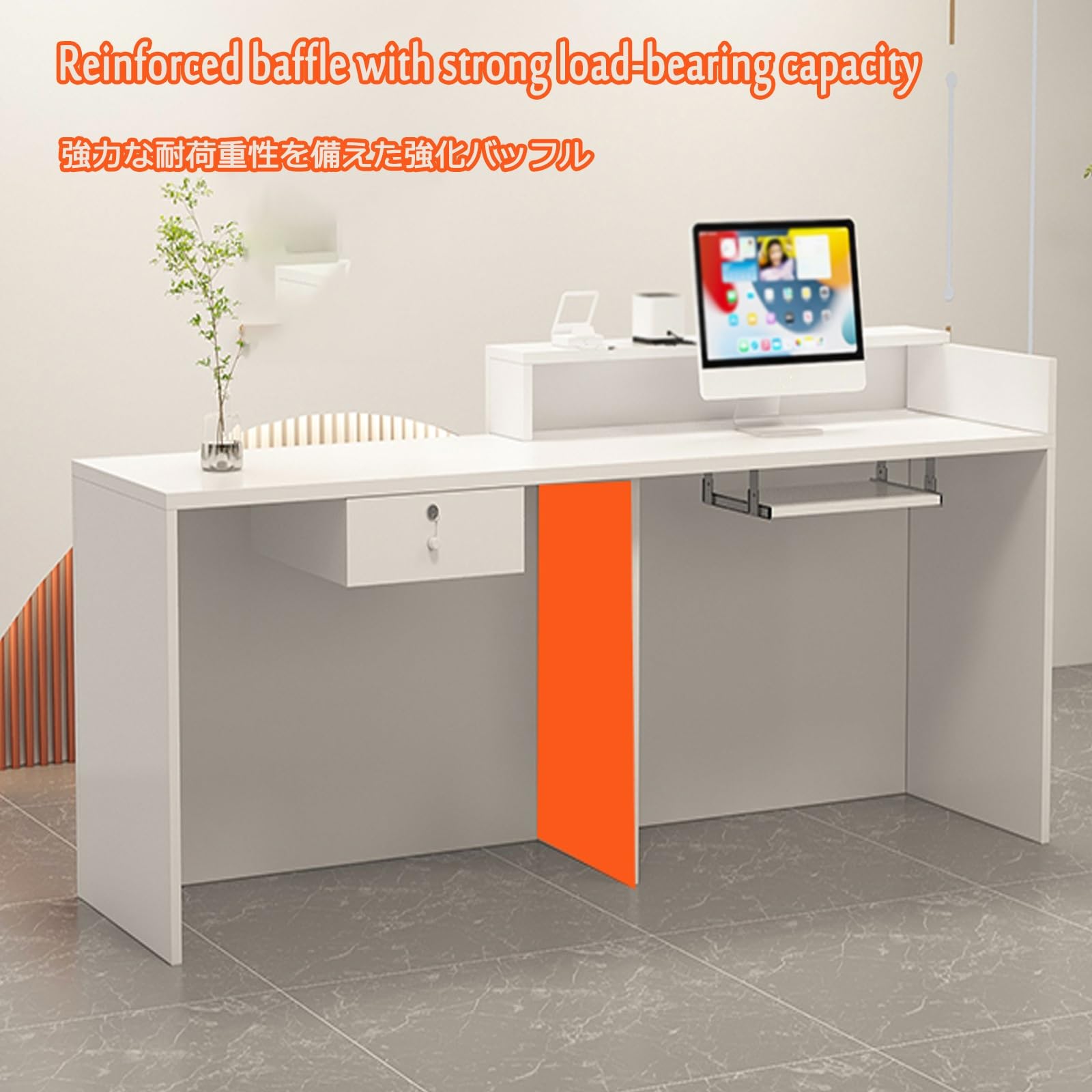 Moderne Rezeption，Rezeptionstheke Ladentheke，Rezeptionstheke Tisch，Laden-Theke，Verkaufstheke，Verstärkte Platte, Stärkere Tragfähigkeit, Große Speicherkapazität(White and Wood,Right_100CM)