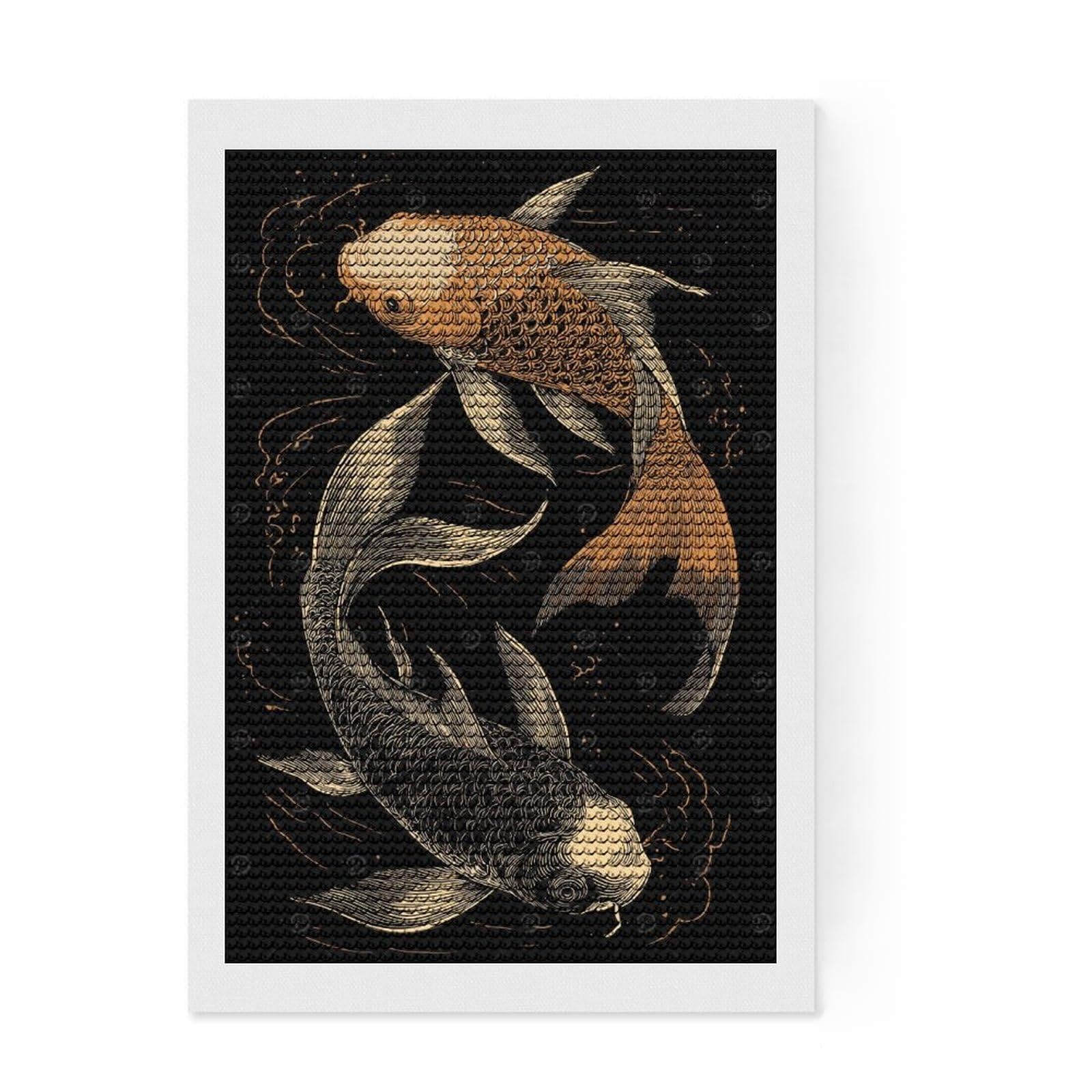 Junmoney Two Koi Fish Yin Yang Full Drill Diamond Painting Kit 8"x12", Complete Accessories, Neat Printed Canvas, Creative Leisure Activity