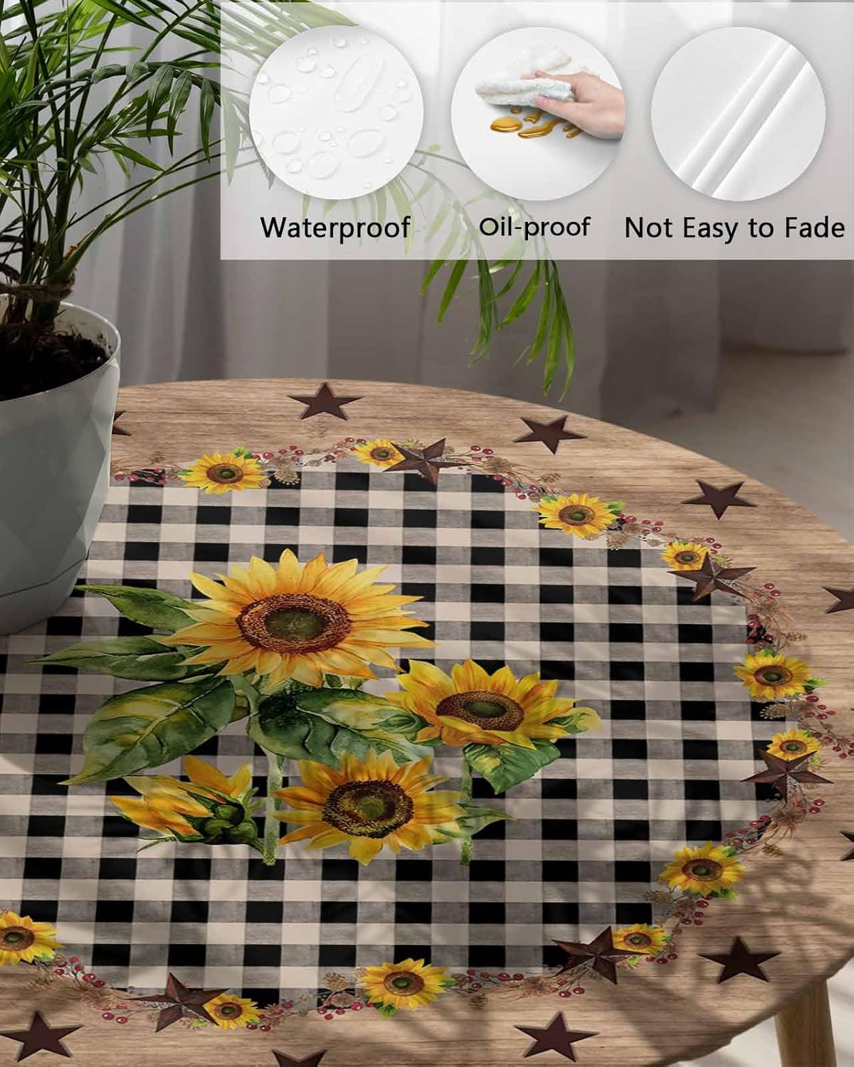 Fitted Round Tablecloths Table Covers 45-54in,Farmhouse Sunflower Country Star Waterproof Elastic Edged Table Cloth for Kitchen Dining Holiday Party Tables Decor,Vintage Wood Grain Buffalo