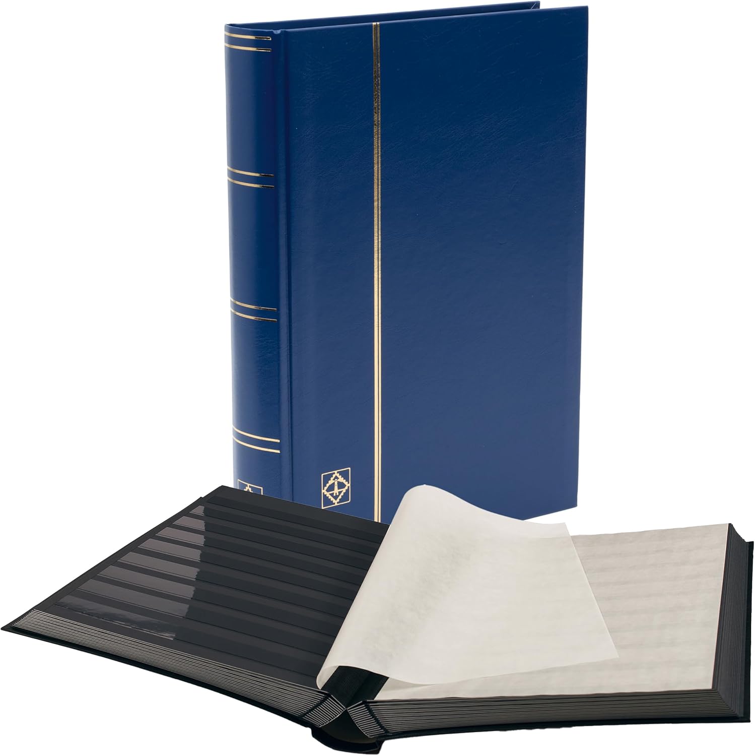 A collector's stockbook with a dark cover and clear strips on the pages to hold stamps.
