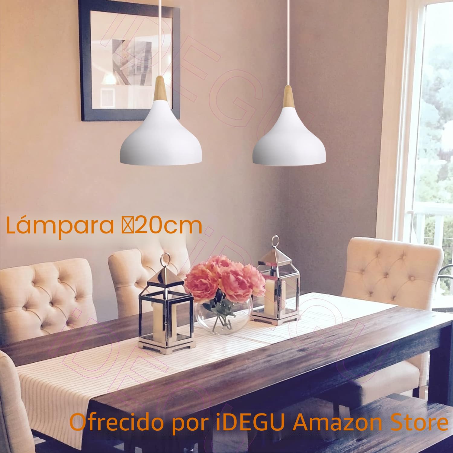 iDEGU 2 piezas Lámpara Colgante Moderna, 20CM Retro LED Lámpara de Techo en Madera y Metal Estilo Nordico Iluminación E27 Luz Colgante Interior para Comedor Salon Dormitorio (Blanco)
