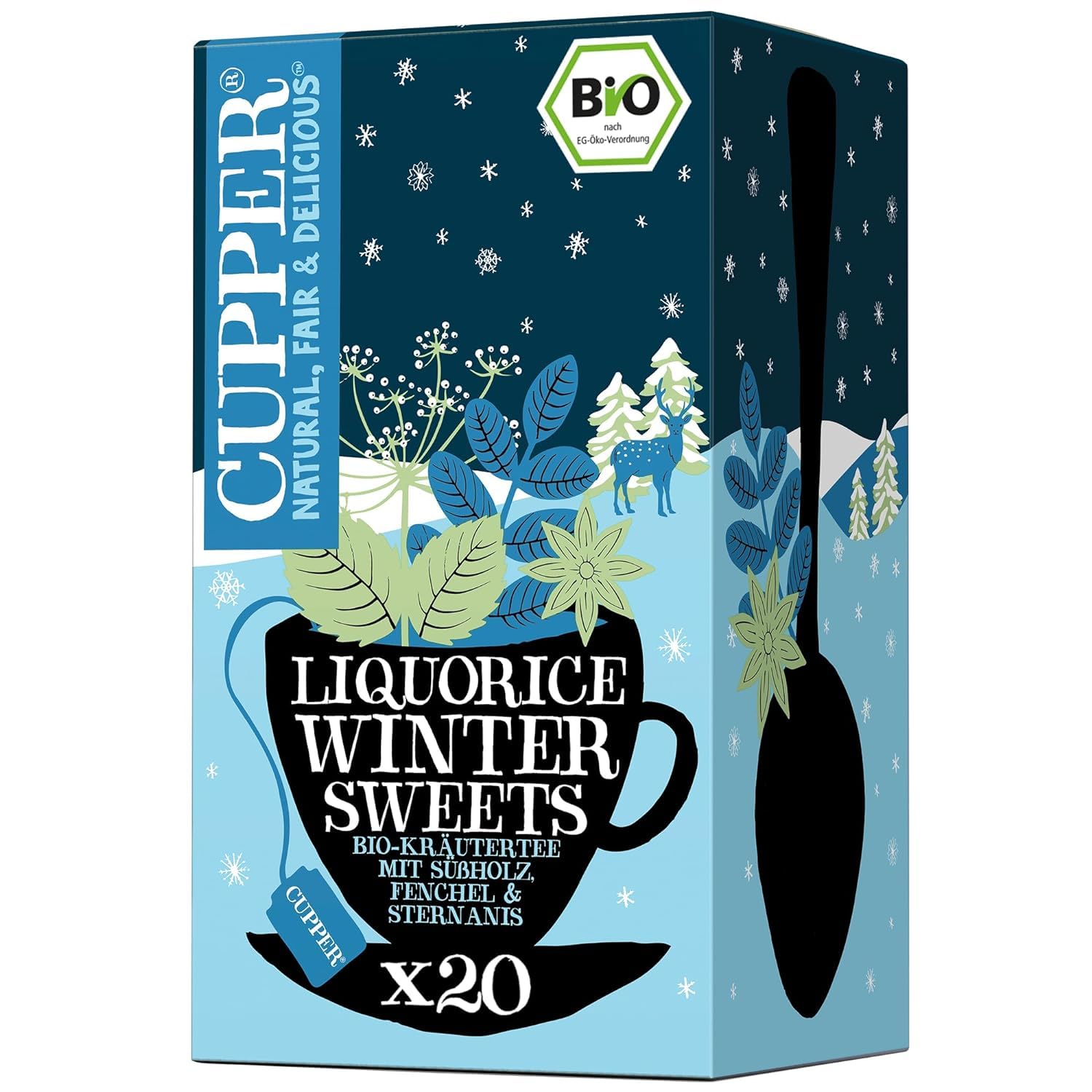 Cupper Bio-Kräutertee "Liquorice Winter Sweets", Fenchel und Sternanis, 20 ungebleichte plastikfreie Teebeutel, fair gehandelt
