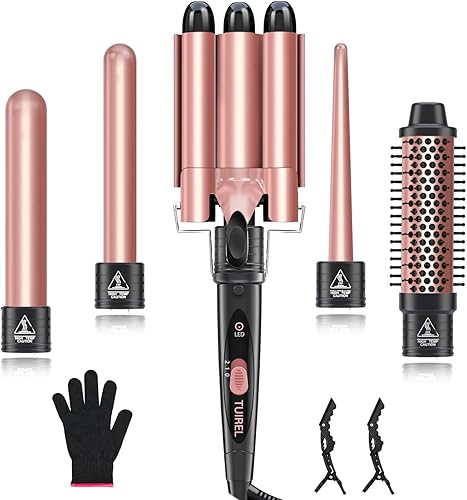 TUIREL Juego de rizador 5 en 1 con cepillo térmico rizador y 4 rizadores de cerámica intercambiables (0.35-1.5 pulgadas), varita rizadora de pelo de