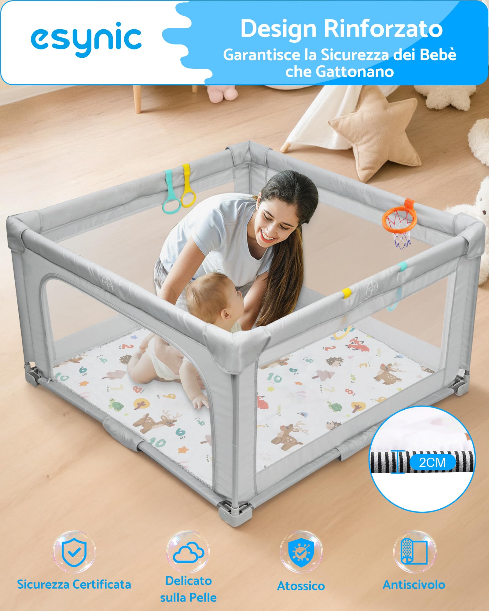eSynic Tappetino da Gioco Pieghevole per Bambini 150x150cm, Antiscivolo a 4 Strati ed Educativo con Design Animali e Numeri, Tappeto Neonato per Gattonamento, Picnic e Recinti, Lavabile in Lavatrice