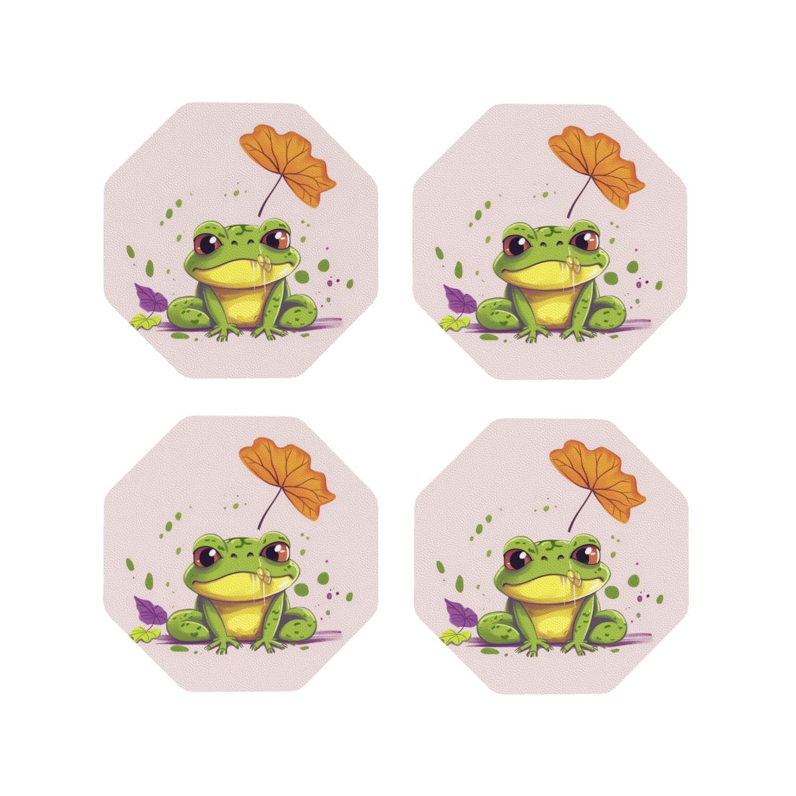 4pcs Drink Coasters for Tabletop Protection, 4" Leather Coasters for Drinks, Leaves and Frog Cup Coasters for Coffee Table Decor, Non-Slip Drinking Cup Mat for Hot Or Cold Drink