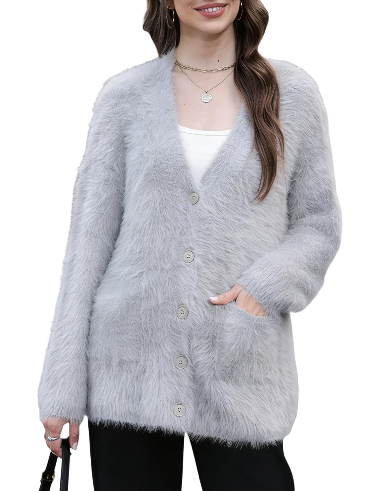 Wyeysyt Womens Fuzzy Cardigan Sweater V Neck Long Sleeve Button Down Knit Furry Sweaters with Pockets