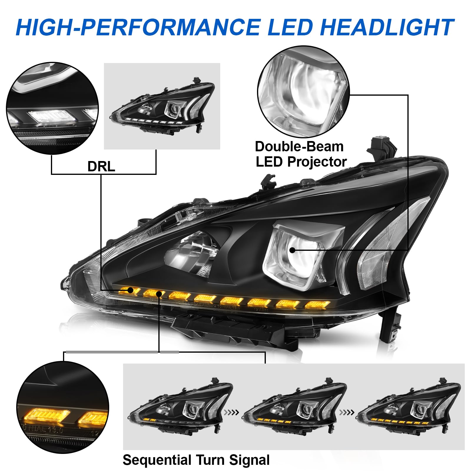Black LED Bar Projector Headlights For 2013-2015 Nissan Altima Sedan - Halogen Bulbs, DOT/SAE Approved (Eagle Eyes)