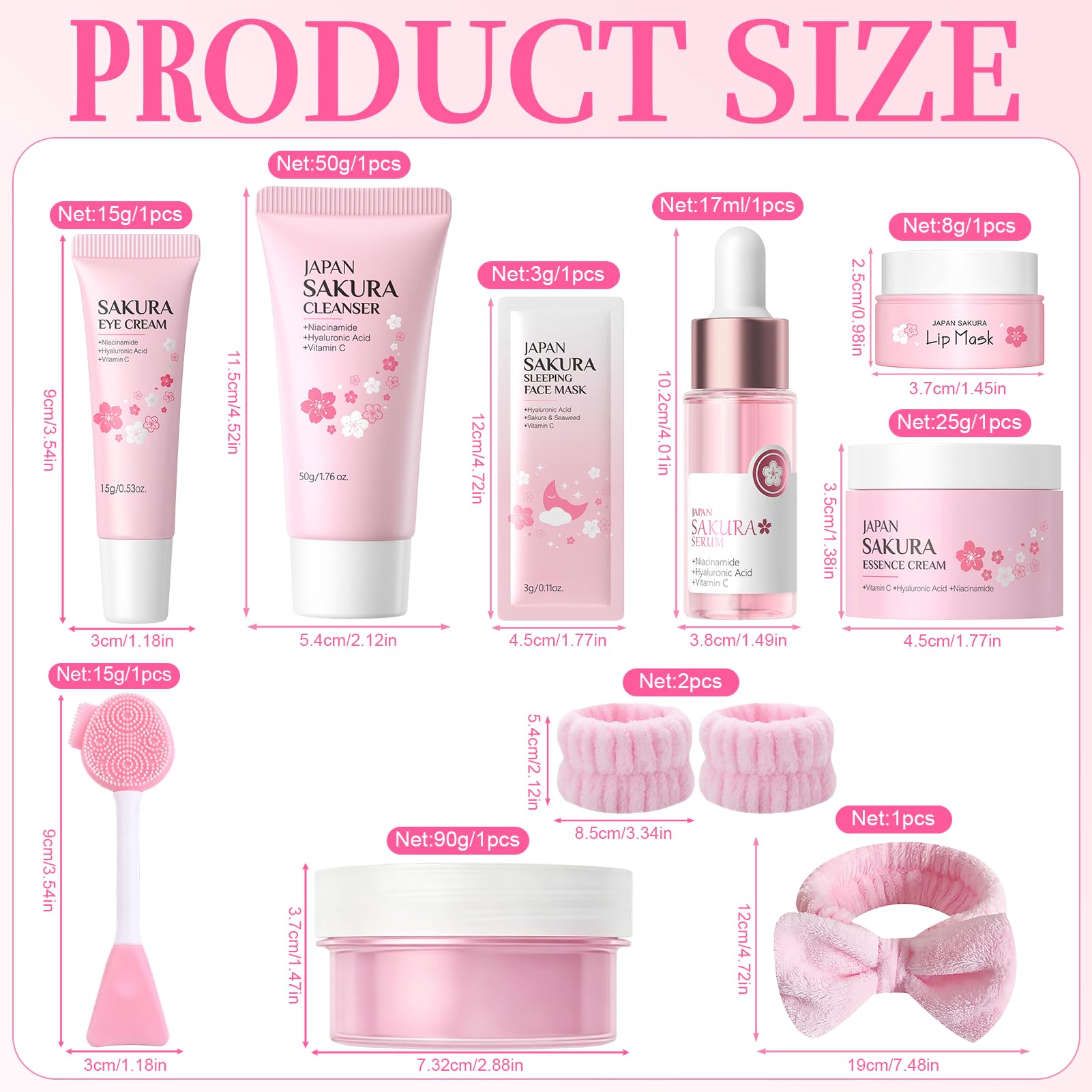 Kit per la Cura della Pelle Sakura 14 Pezzi,Include detergente, essenza, crema, maschera di fango,Sakura Skincare Set,Set Skincare Viso Completo per Ragazze e Donne