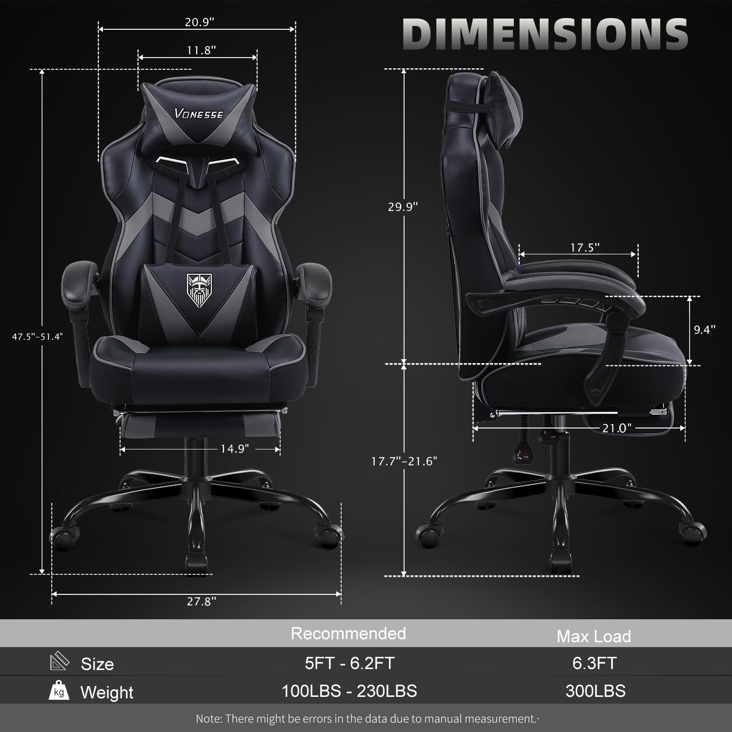 Vonesse Gaming Chair, High Back Gaming Chair with Footrest and Massage, Gaming Chairs for Adults with Pocket Spring Cushion, Big and Tall Reclining Computer Chair with Lumbar Support (): Grey/Black