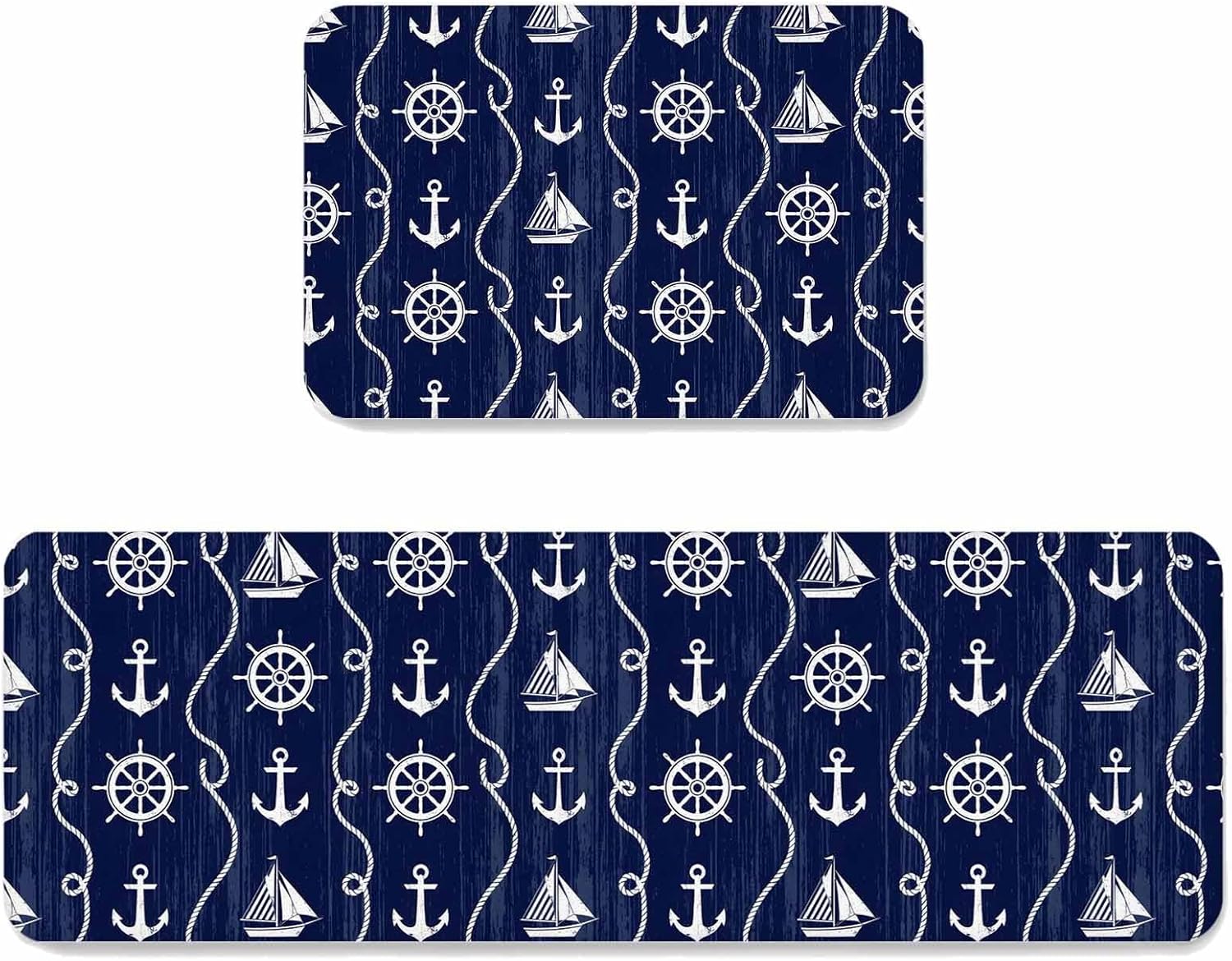 Navy Blue Ocean Kitchen Mat Set 2 Pieces Rustic Nautical Coastal Sea Beach Sailboat Anchor Rope Non Slip Kitchen Rugs Washable Runner Rug Mats for Floor Sink Laundry Office 15.7" x 23.6"+15.7" x 47.2"