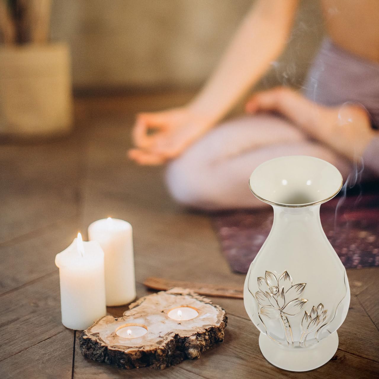 Tofficu Tempelvasen-Set, Keramik, Lotus-Design, kleine Blumenvasen, 17 x 17 x 8 cm, dekorative Vase für Heimdekoration, buddhistischer Altar, 2 Stück