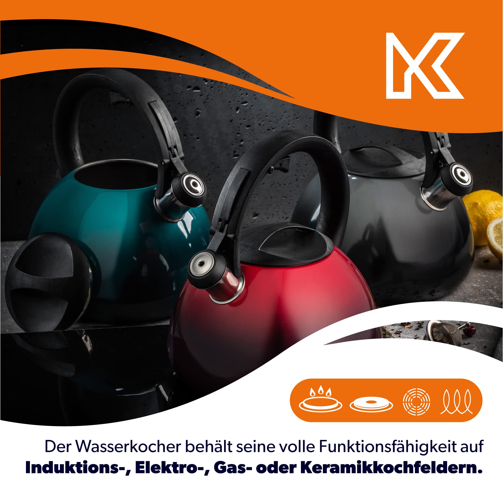 KADAX Teekessel, Edelstahl Flötenkessel, 3L Wasserkocher, Retro Kessel in 3 verschiedenen Farben, Wasserkessel mit Ombre-Effekt, Pfeifkessel (Grau)