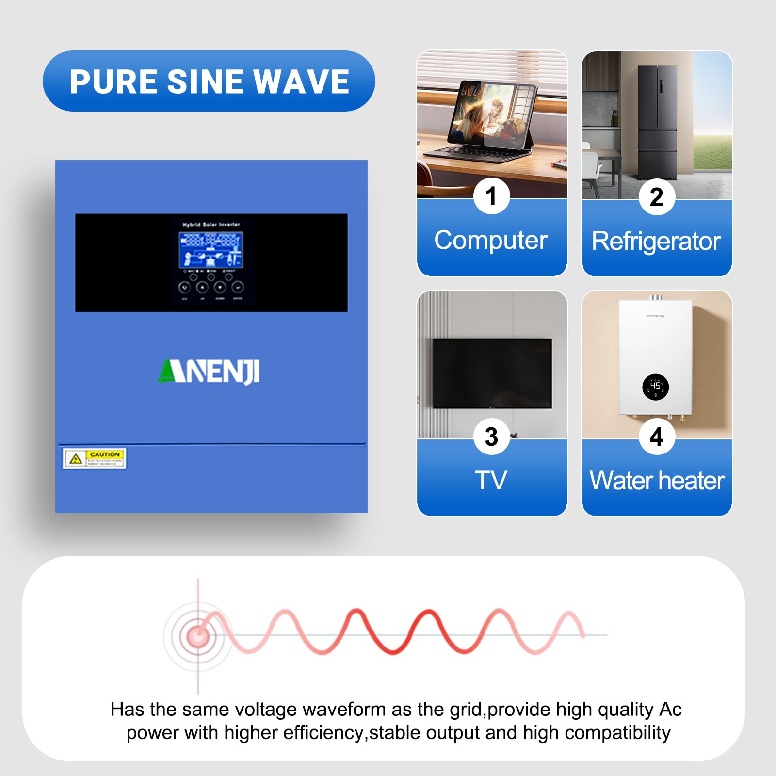 4200W Inverter ibrido a onda sinusoidale pura, Tensione a Circuito Aperto Fotovoltaico 60–500 Vcc Dotato di un MPPT da 100 A e di un modulo WiFi integrato, Adatto per batterie da 24V