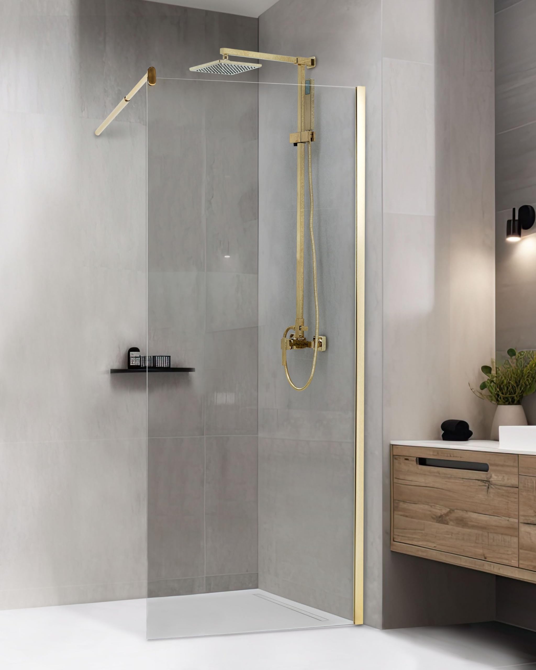 Mampara de ducha de vidrio templado sin puerta dorado 80 x 190 cm Ahaus