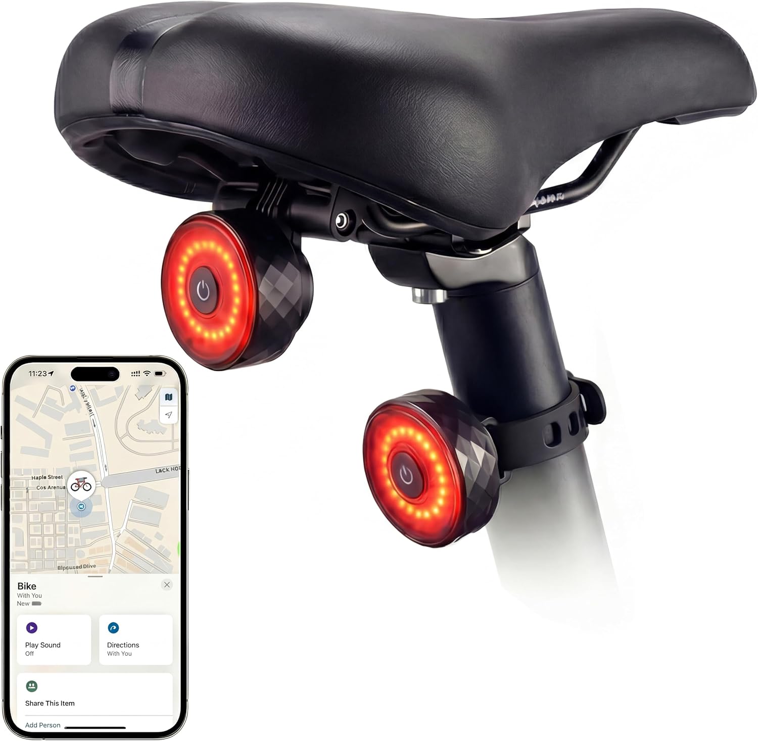 GPS Tracker for Bikes with Tail Light, Real-Time & Anti-Theft Bicycle Locator, No Monthly Fee/No SIM Card, Works with iOS Find My, 5 Light Modes, IP65 Waterproof,Bicycle Safety Light for Night Riding