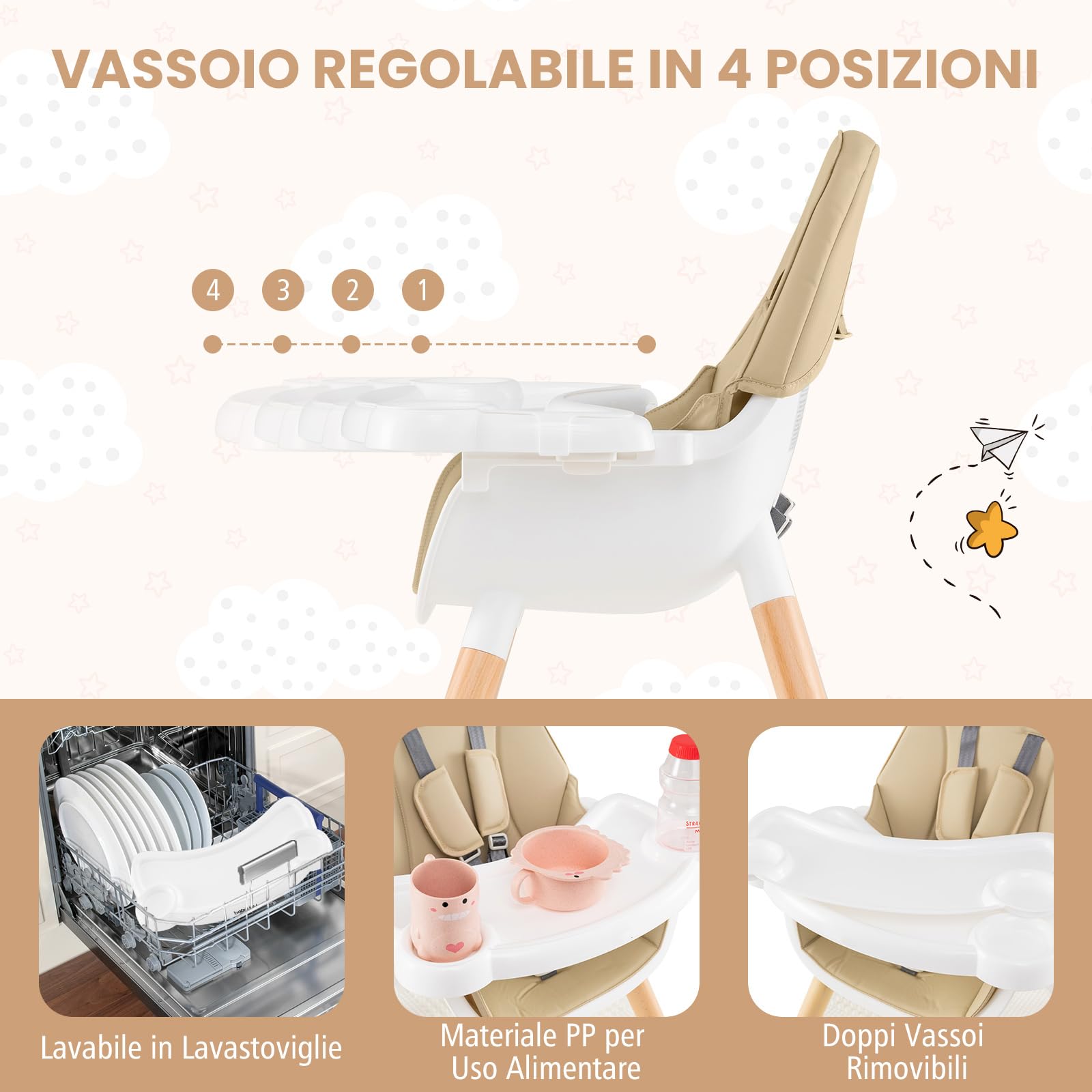 RELAX4LIFE 4 in 1 Seggiolone Pappa, Seggiolone Evolutivo con Vassoio Rimovibile e Cintura di Sicurezza, Altezza Regolabile in 4 Posizioni, per Bambini e Neonati 6-36 Mesi (Standard, Beige)