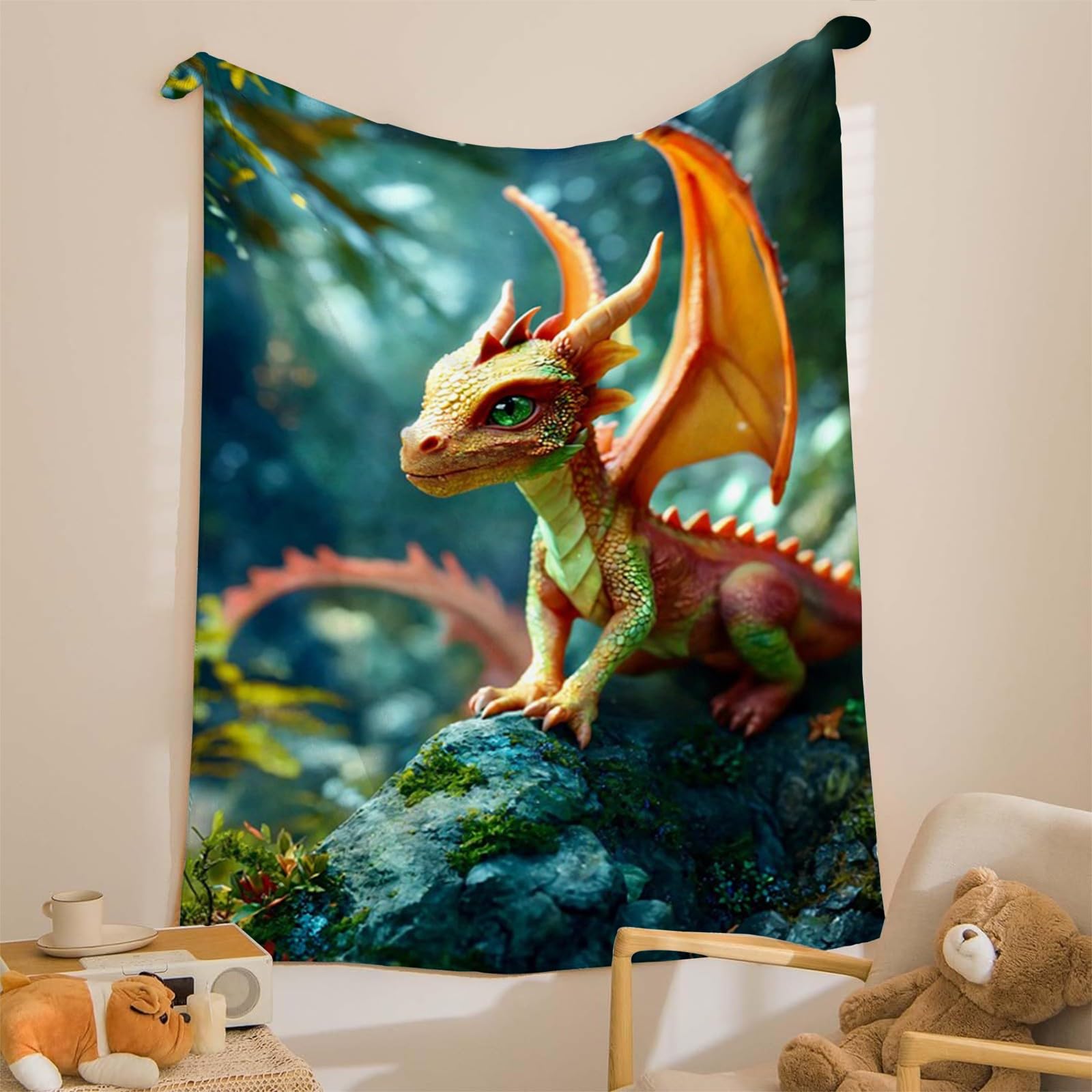 Generisch Puszysty koc do przytulania, żółto-zielony smok, 200 x 200 cm, miękki i dwustronny koc polarowy z nadrukiem 3D, idealny koc na sofę dla wszystkich, przytulny koc na sofę i łóżko AL1283