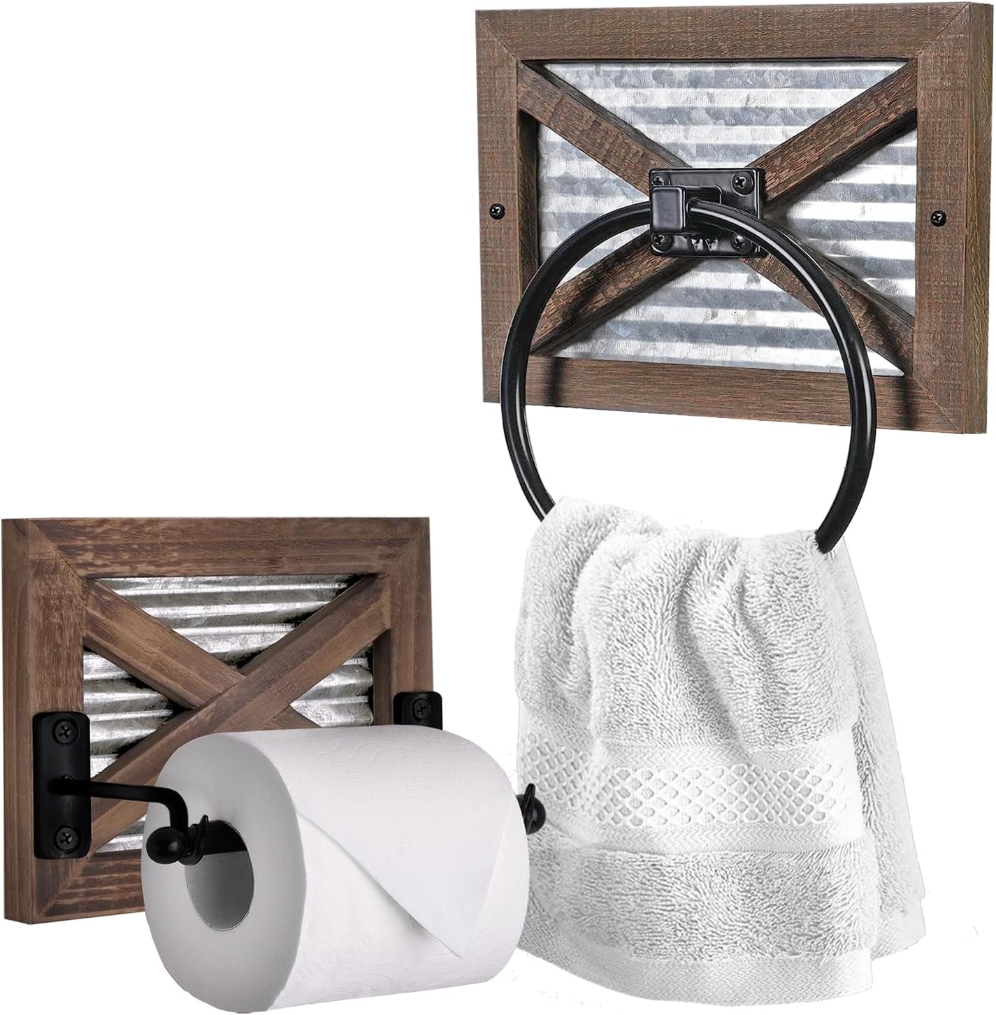 Autumn Alley Farmhouse Toilet Paper Holder and Towel Ring Set, Wall Mount, Rustic Wall Toilet Paper Holder and Bathroom Hand Towel Holder Decor, Wooden Brown