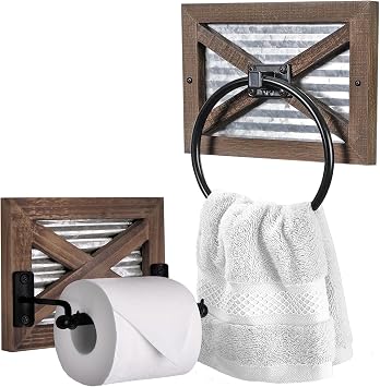 Autumn Alley Rustic Toilet Paper Holder and Towel Holder Set, Farmhouse | western bathroom, weathered wood, galvanized metal, black hardware, wooden brown, barn door, hand towel ring, powder room