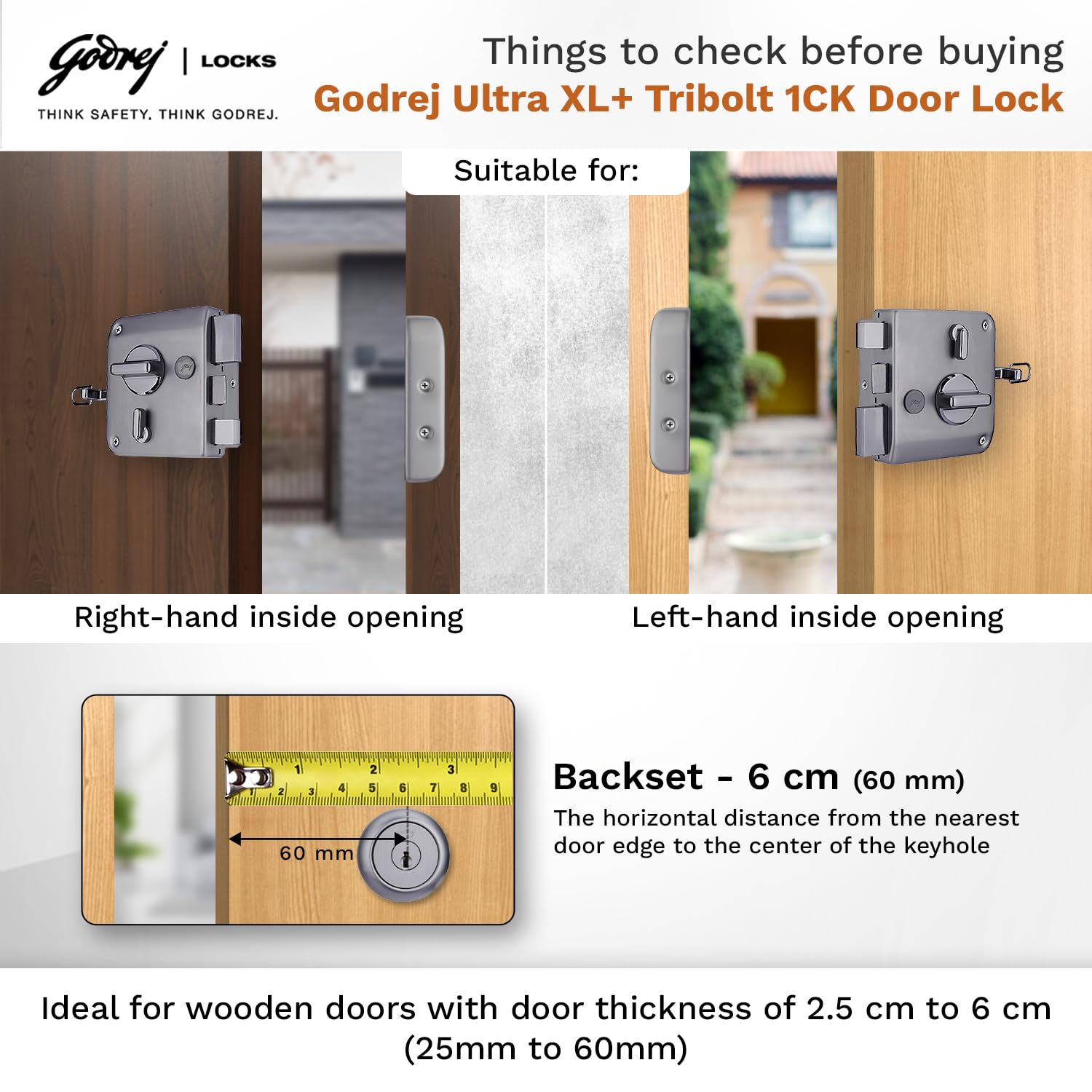 Godrej Rim Lock I Tribolt Ultra XL+ l 1CK Latchbolt I for Inside Opening Wooden Door | Left/Right Handed Doors I 4 Keys I 5-Year Warranty I Automatic Locking l Matte Black Nickel Finish — Amazon image 6