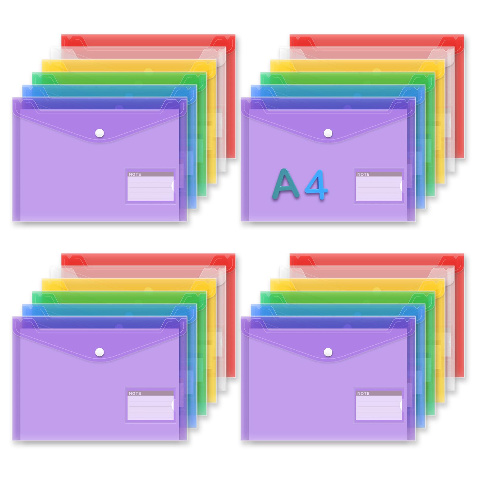 24Pack A4+ Plastic Wallets, A4 Documents Popper Wallet File Folders