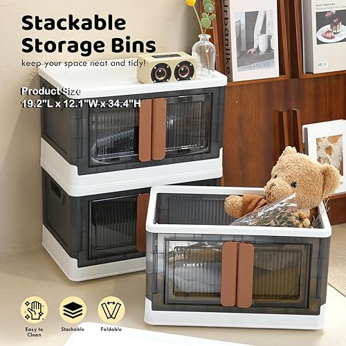 Miniatura 2 de AJP Distributors Paquete de 3 contenedores de almacenamiento apilables de 8.5 galones con tapas y puertas, contenedores plegables de plástico,