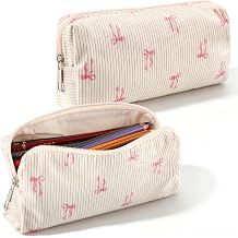 Dansydaisy Blue Bow Corduroy Pouch with Zipper, Beige Coquette Makeup Bag for Purse Cute Desk Organizer Soft Cosmetic Storage Bag Women Office Supplies Holder