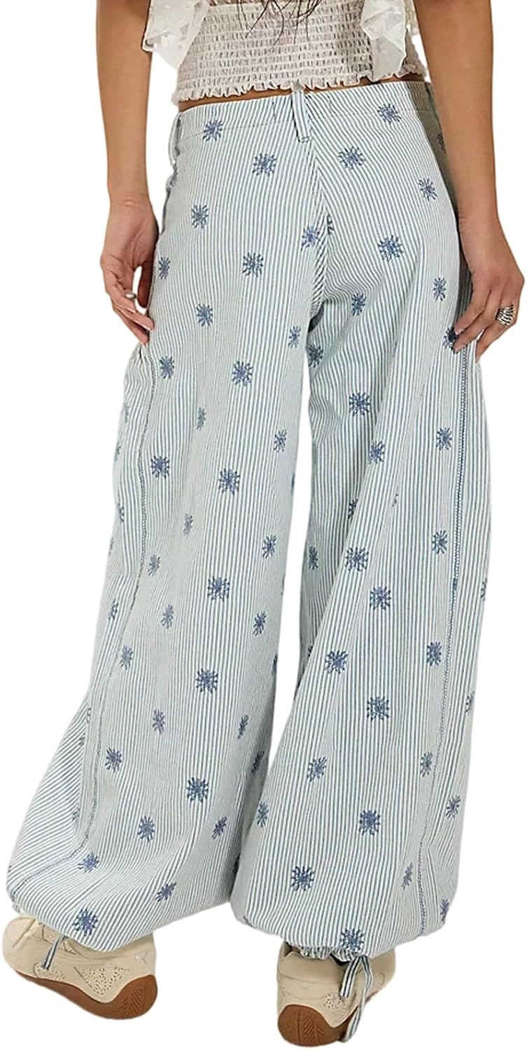 CHARTOU Women Floral Lotus Tube Jeans Baggy Pinstripe Y2k Jeans Barrel Embroidery Denim Wide Leg Pants