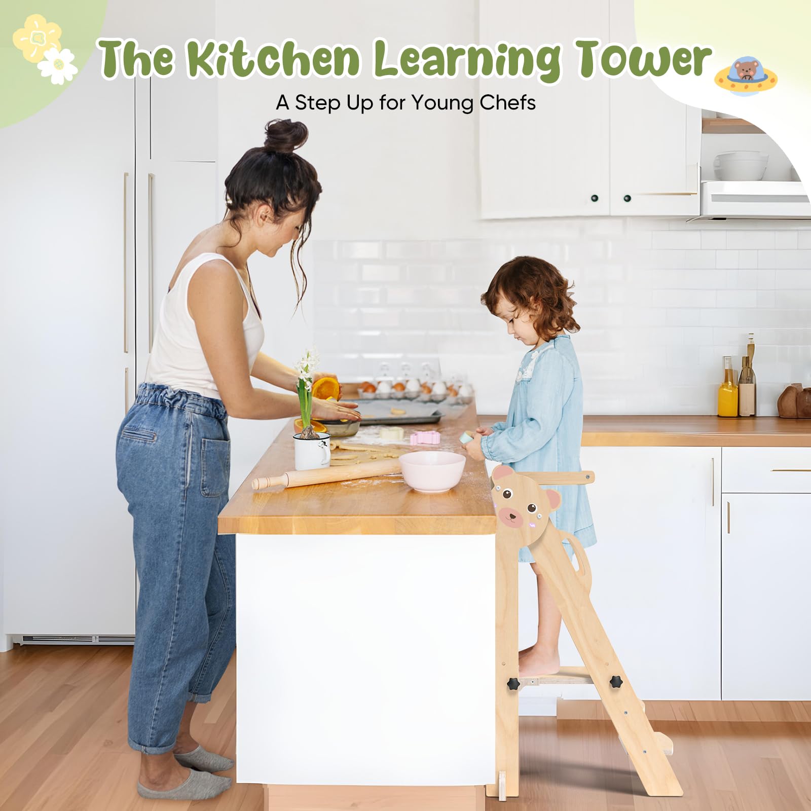 Torre de aprendizaje plegable para niños, taburete de cocina de 3 niveles de altura ajustable, torre infantil Montessori para cocina, baño y habitación infantil (color madera oso pequeño)