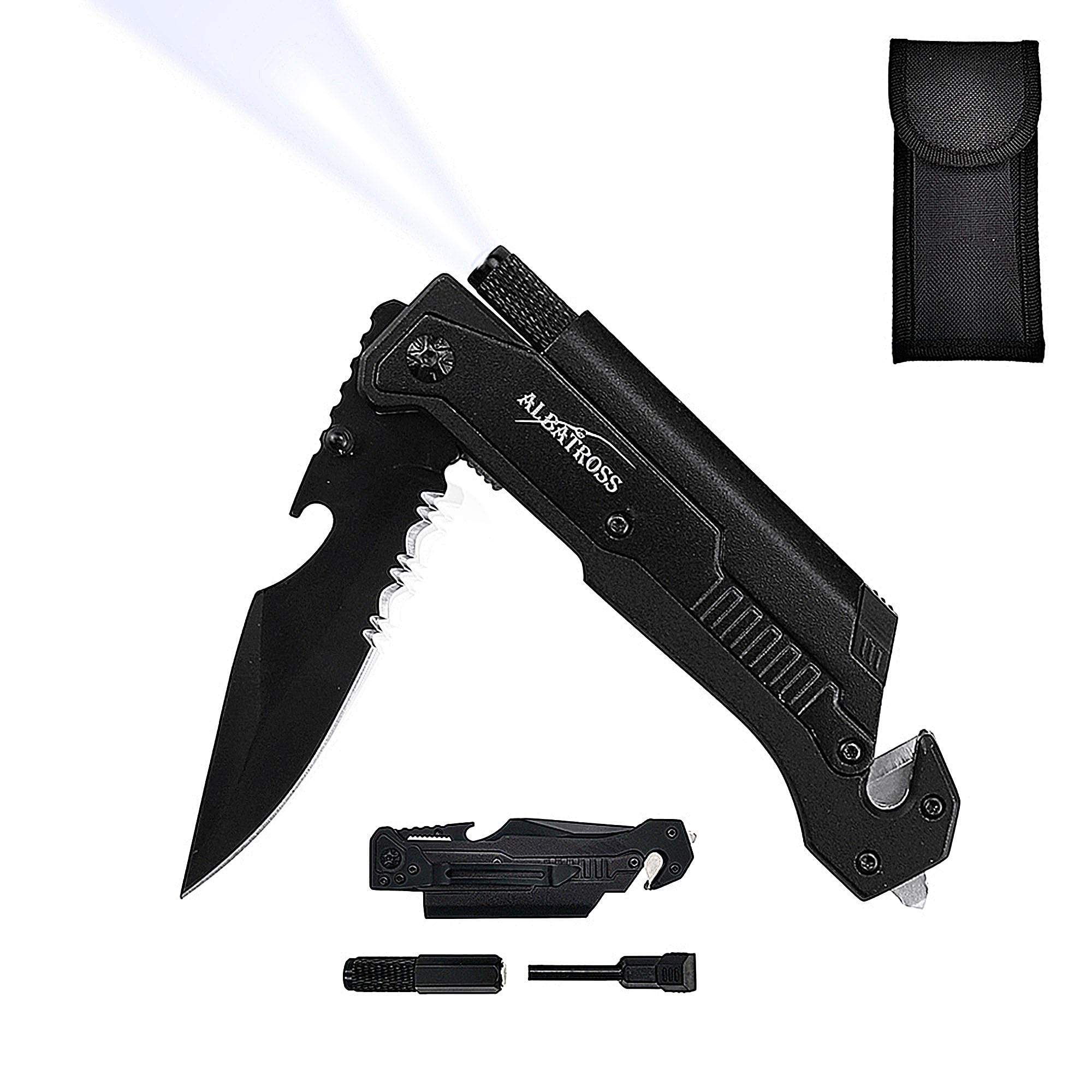 Father's Day, Mother's Day & Birthday Gifts For Men/Women: ALBATROSS 7-in-1 Tactical Survival Knife - Glass Breaker, Seatbelt Cutter, Serrated Steel Blade, Firestarter, LED Flashlight, Bottle Opener & Pouch | Military, Emergency, Outdoor Rescue Gear For Dad, Mom, husband, wife, boyfriend, Grandfather (Black)