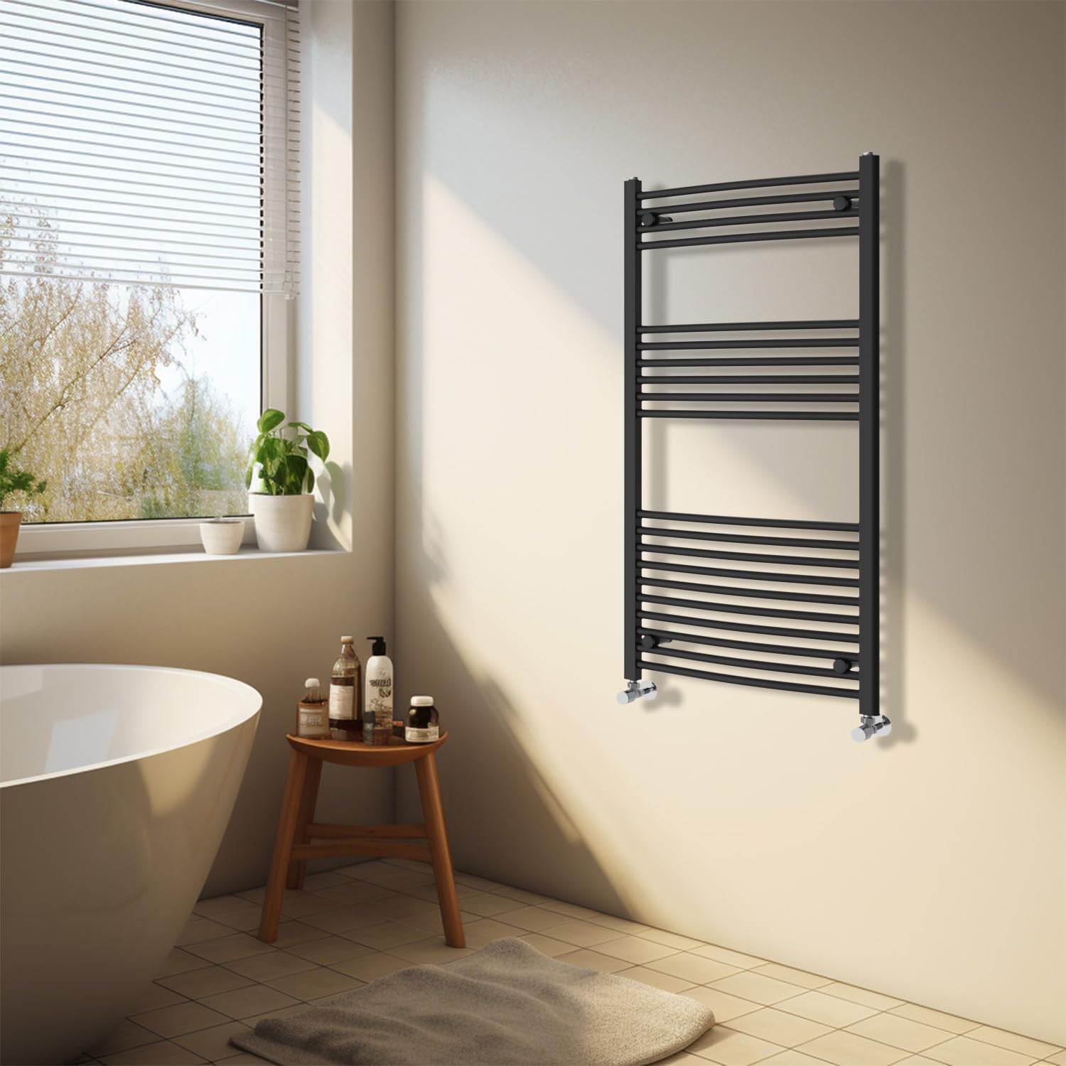 NRG Black Heated Towel Rail Curved Designer Bathroom Radiator - 1200×600mm