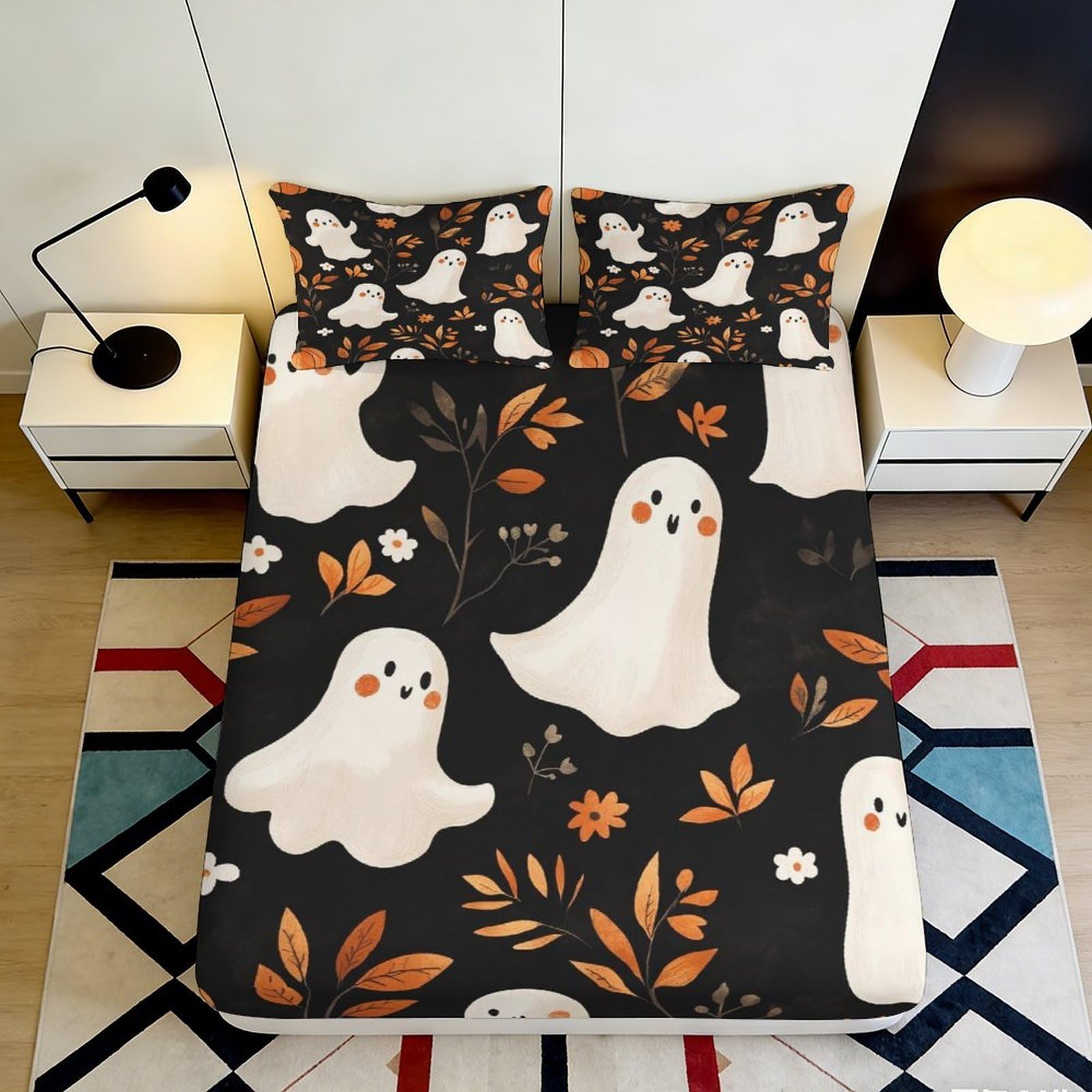 Rqzkjxnhpf Style-9 3D Printed Cartoon Ghost Fitted Sheet Microfiber Deep Pocket Bedroom Bedding Non-Slip Autumn Ghost Mattress Fitted Cover For Home 200X200x25cm 90X200x25cm