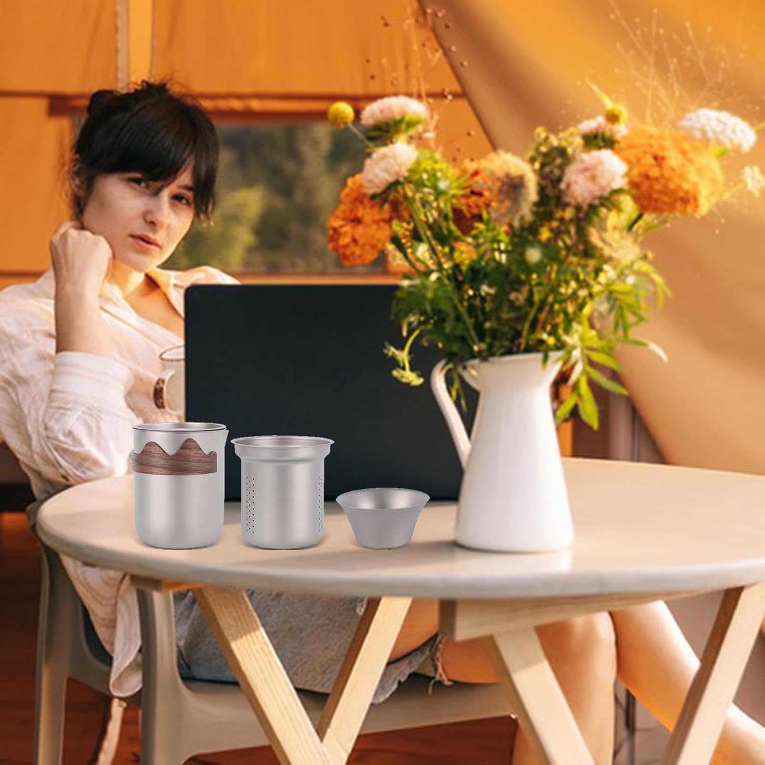 チタン ティーセット - キャンプ用 ティーポット キット - 二重構造ティーポット - ハイカー キャンパー ピクニック 車中泊