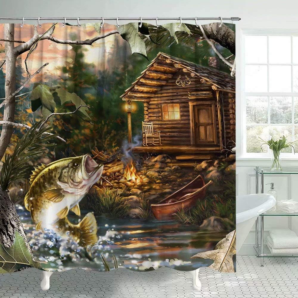 Farmhouse Cabin Shower Curtain Fishing Shower Curtain Decor Fish Lake Quotes Wooden Plank Rustic Theme Bath Curtain Polyester Fabric Bath Curtain Decor with Hooks 69x70Inches