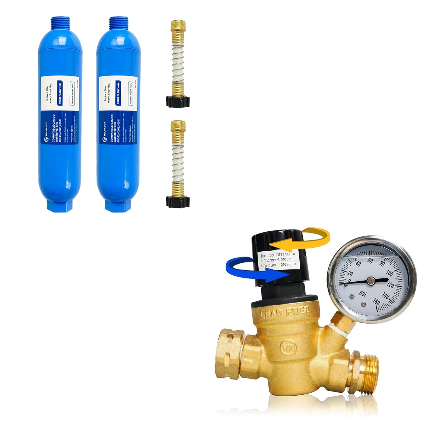 Hourleey RV Inline Water Filter + Handle Water Pressure Regulator