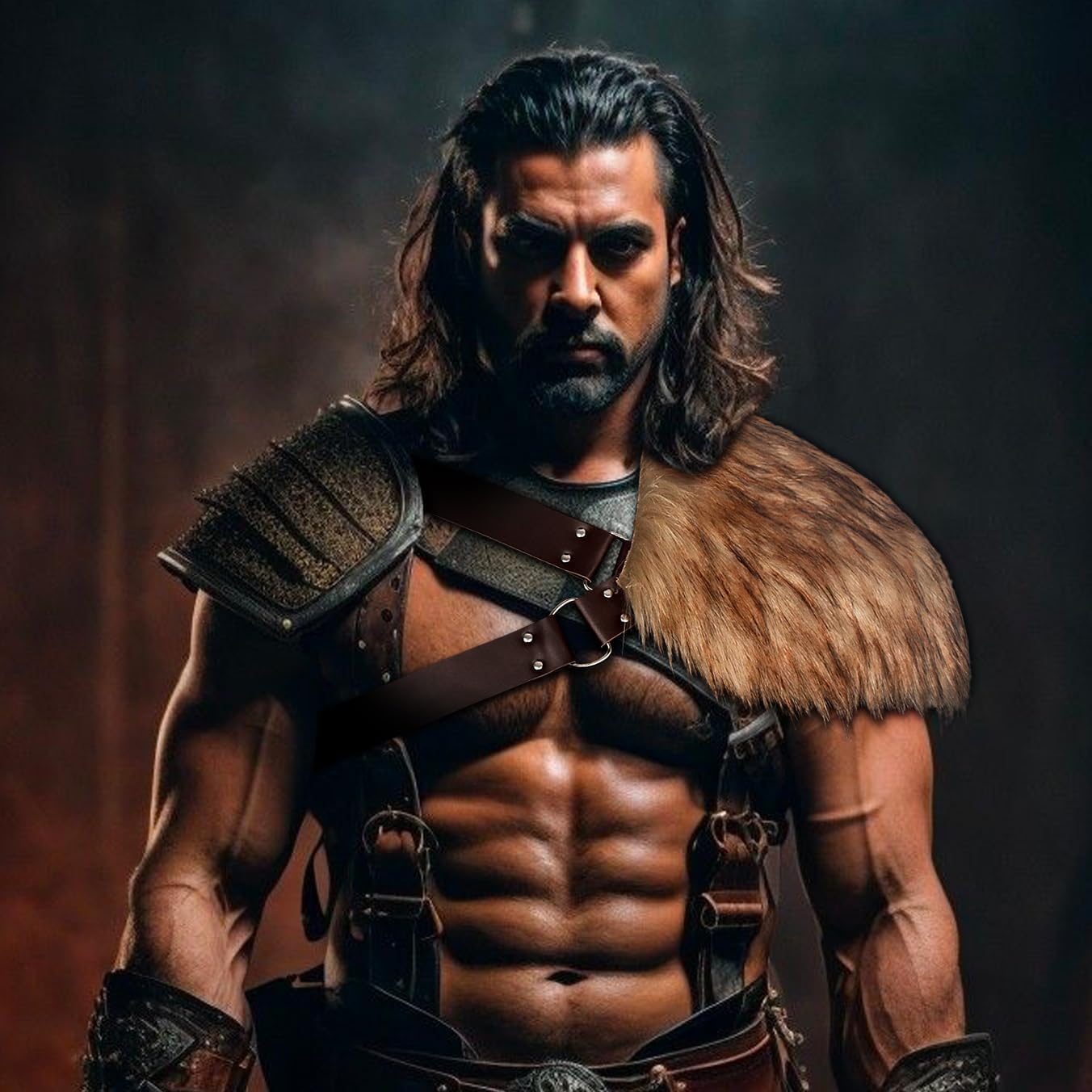 L'VOW Men's Viking Fur Shoulder Armor Medieval One Shoulder Fur Wrap Leather LARP Cosplay Costume Accessory - Image 4