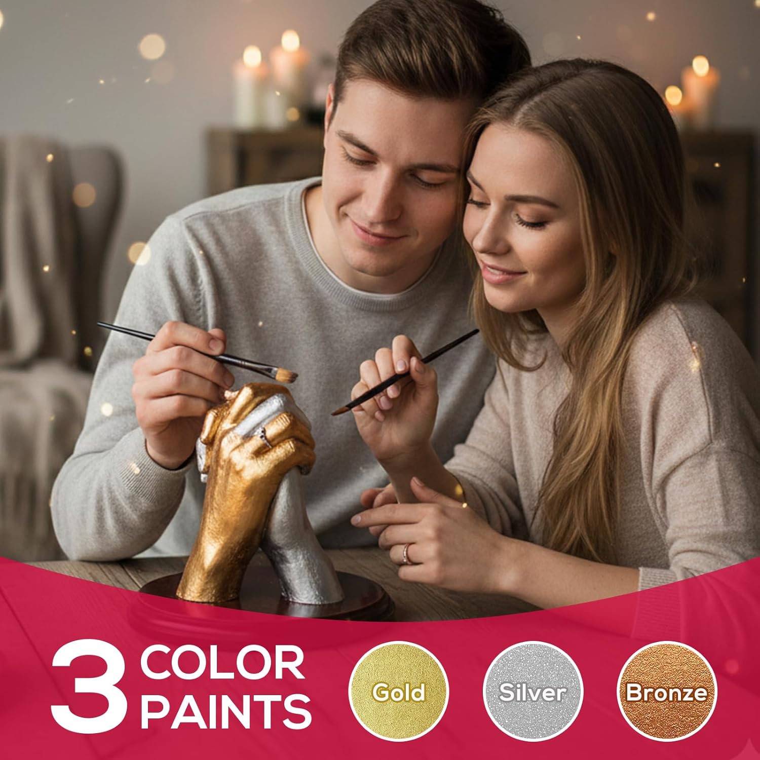 Falling in Art Hand Casting Kit Couples - Keepsake Plaster Hand Mold Kit for Family, Kids, Adults with Large Bucket, Gloves, Powder Materials, Color Paints, Wooden Base, Valentine's Day Gift