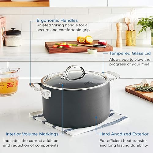 Miniatura 4 de Viking Dutch Oven - Olla antiadherente de 6 cuartos de galón de capacidad, anodizado duro, con tapa de vidrio, apta para lavavajillas y horno, lista