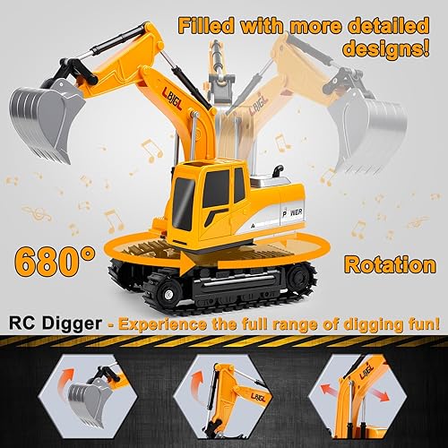 Miniatura 6 de Excavadora de juguete a control remoto para niños y niños, vehículos de construcción RC de 2.4 GHz con pala de metal, luces y sonidos realistas, la