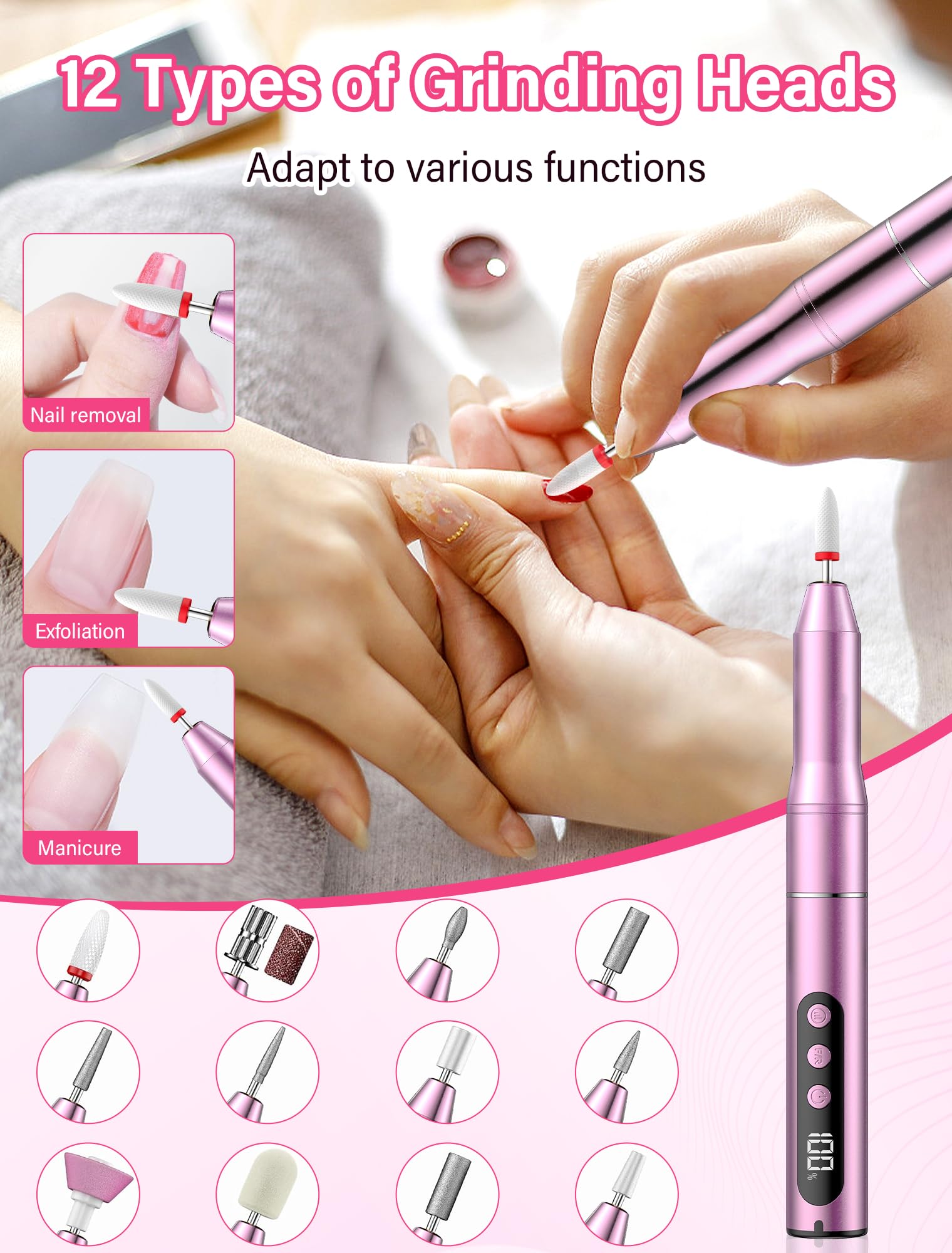 Torno para Uñas,35000RPM Torno para Uñas Profesional,Lima Eléctricas Uñas sin Cable, Velocidad Ajustable, Recargable por USB, para Salón DIY,Manicura y Pedicura