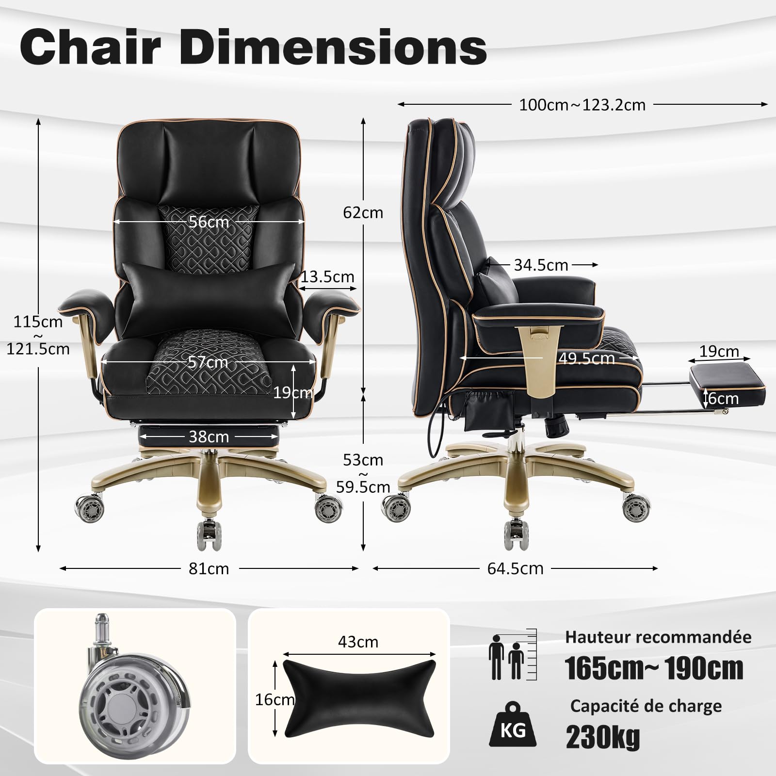 Chaise De Bureau Ergonomique Avec Accoudoirs Réglables Et Soutien Lombaire, Chaise De Direction Robuste En Cuir, Grande Et Haute, Supportant Jusqu'à 230 Kg, Avec Siège Réglable En Hauteur, Noir