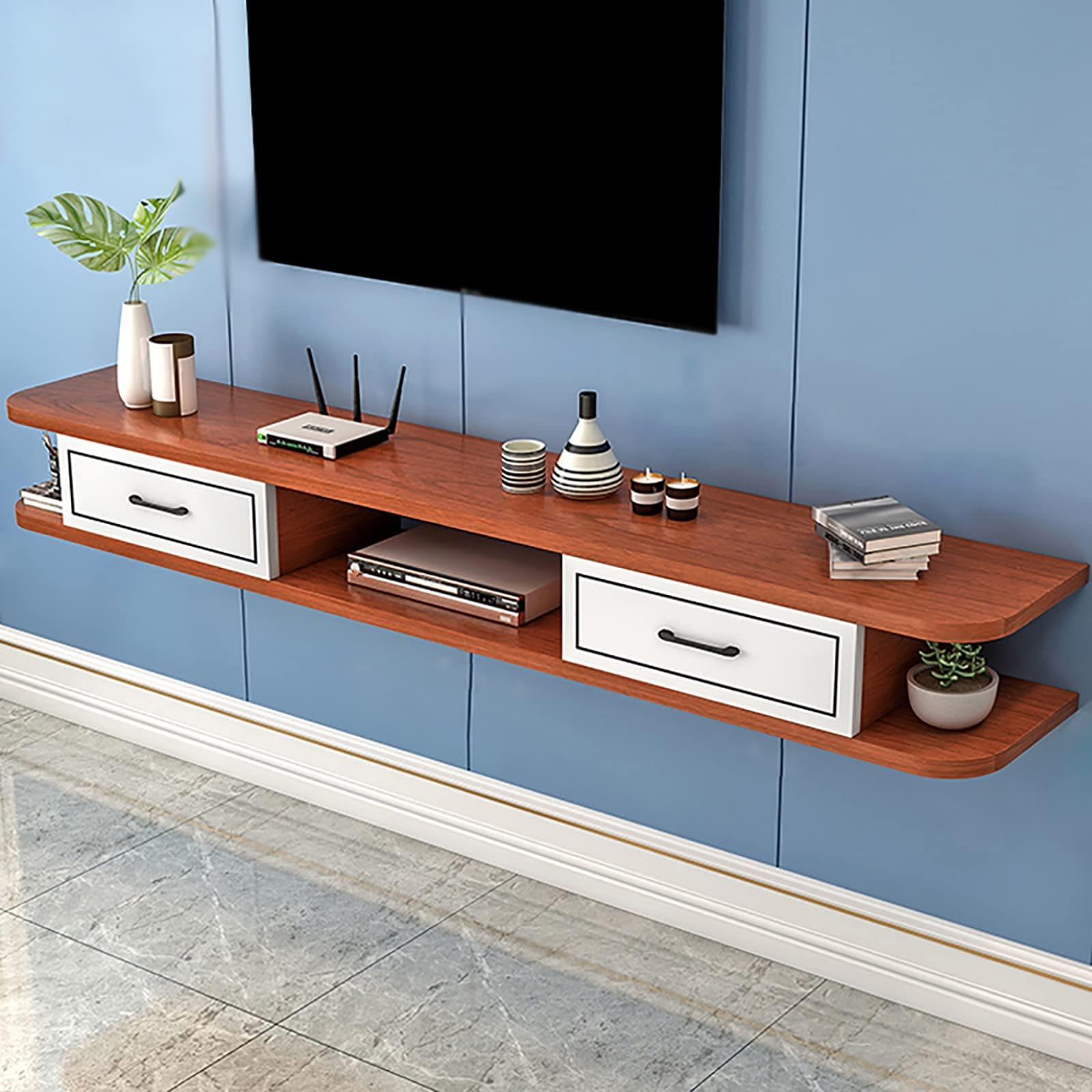 Mensola TV sospesa, Supporto TV sospeso a Parete con cassetto - Elegante mensola da Appendere al Muro per Console Audio/Video, Console di Gioco, decoder e Router.