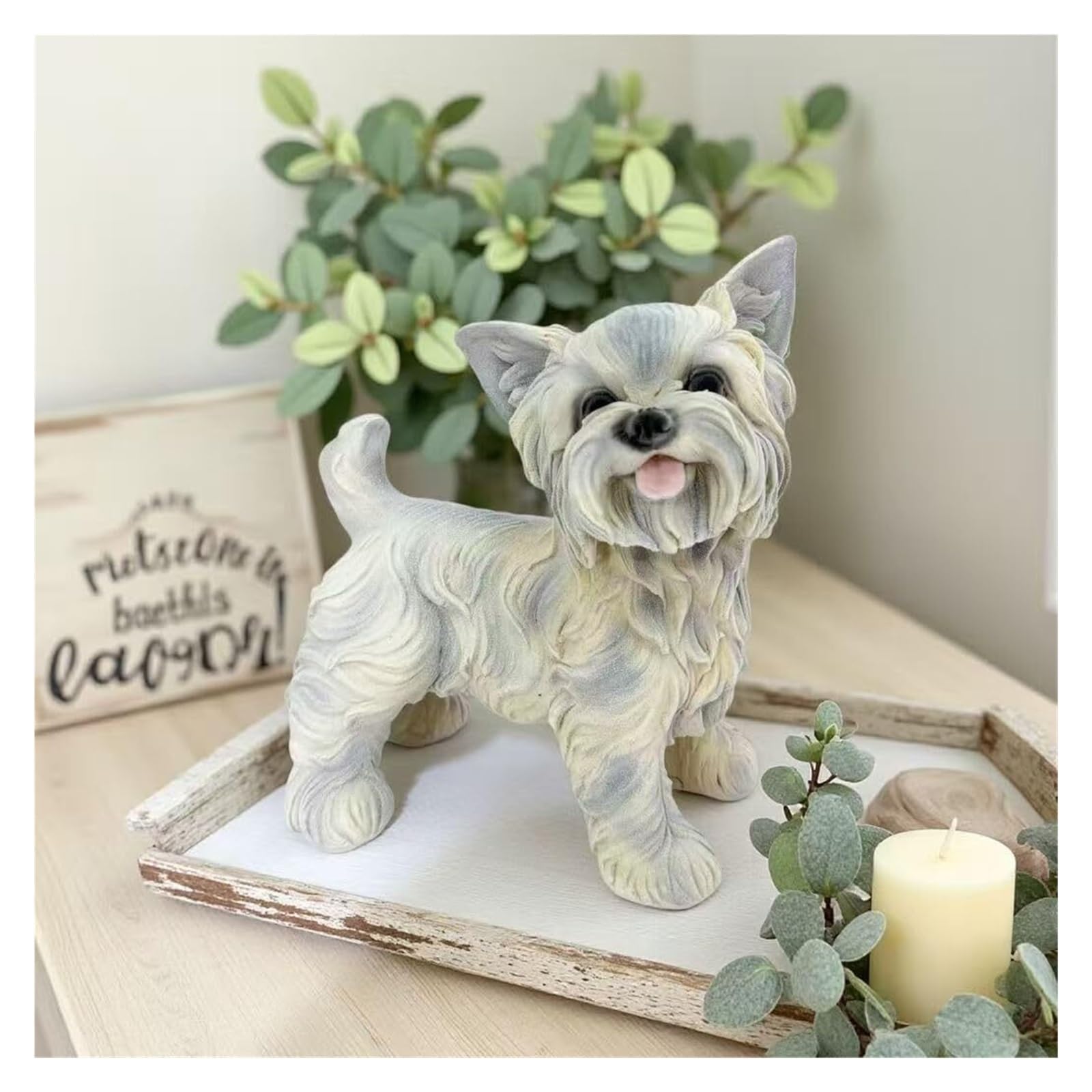 FriendshipHome Desk Figurines Decorative Cute Flocking Terrier Figurine Resin Home Decor Accent Home Décor Accents(Grayish-white)