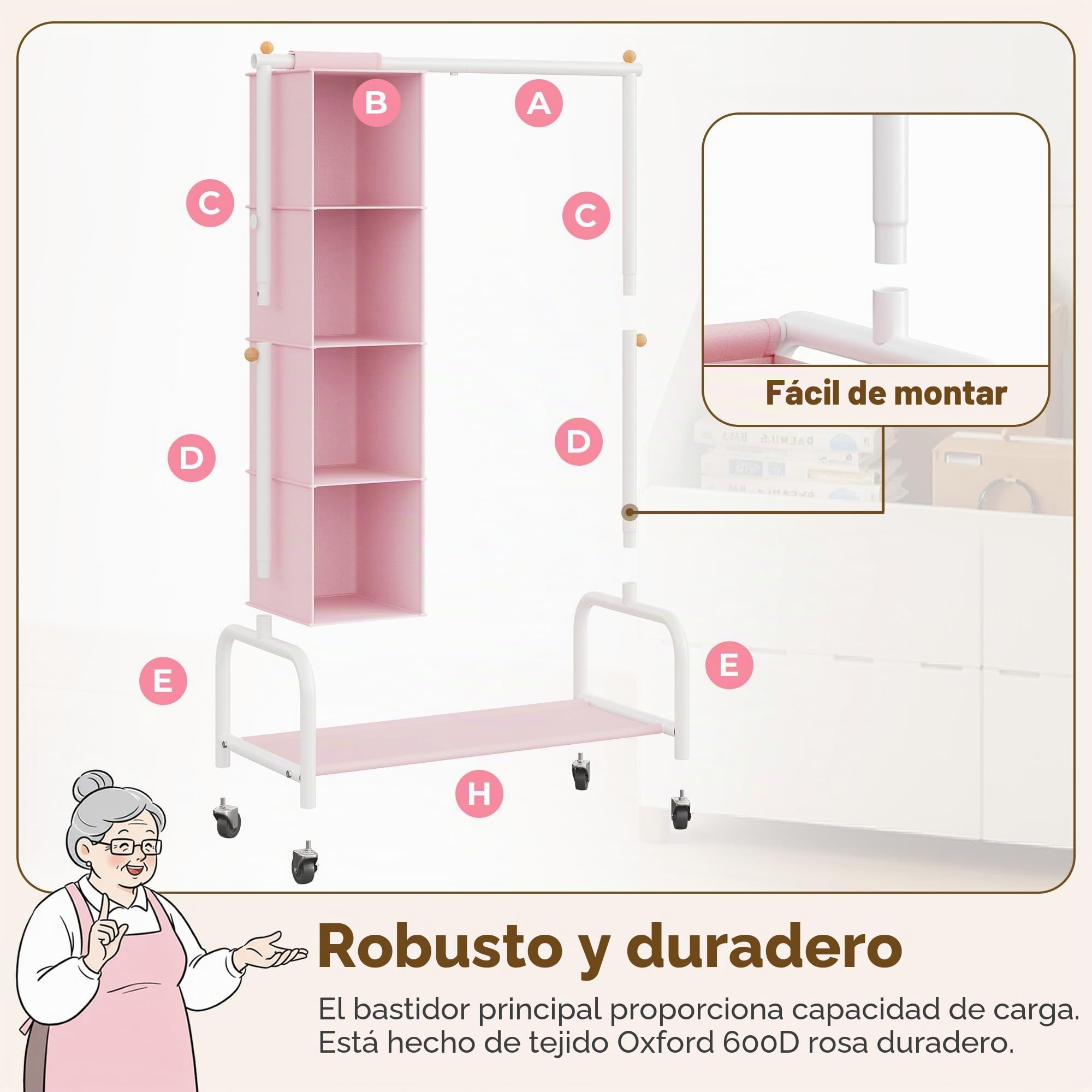 GRANNY SAYS Perchero Infantil con Organizador Colgante, Perchero con Ruedas para Disfraces Infantiles, Perchero para Ropa de Niños, Perchero para la Habitación del Bebé o la Guardería, Rosa/Blanco