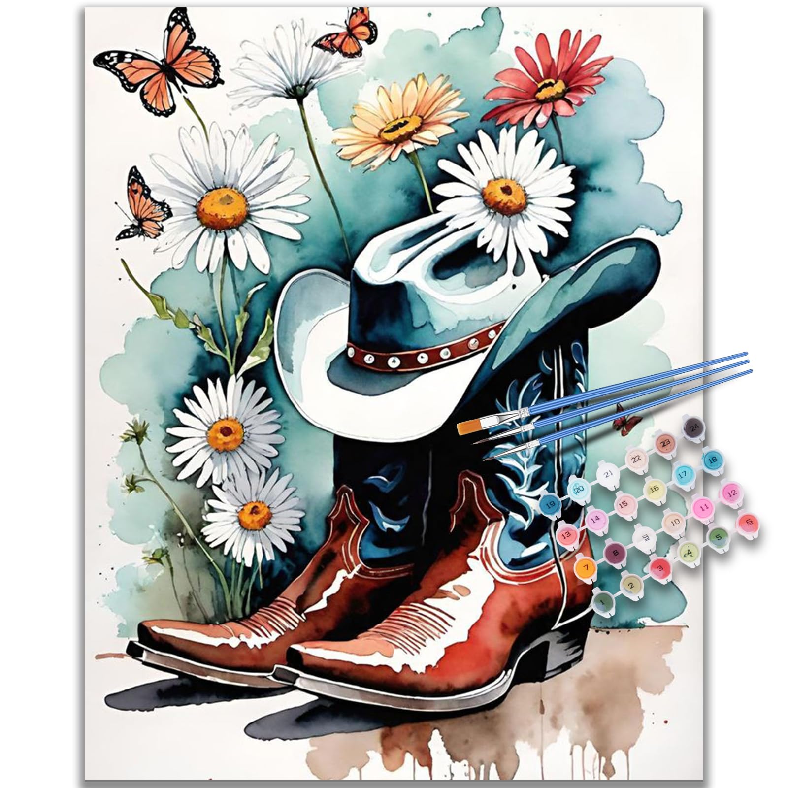 Kalonyth Op-Uk12 Cowboy Boots Paint By Numbers For Adults, Cowboy Hat Adult Paint By Numbers Canvas Kits, Frameless, Diy Acrylic Oil Painting For Stress Relief Home Wall Decor Gift 16X20 Inch