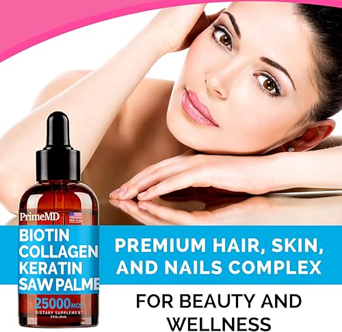 Miniatura 5 de PrimeMD Gotas de biotina líquida 4 en 1 con colágeno y queratina (3 unidades) – Paquete de 3 – 25000 mcg de vitaminas para el cabello y la piel para