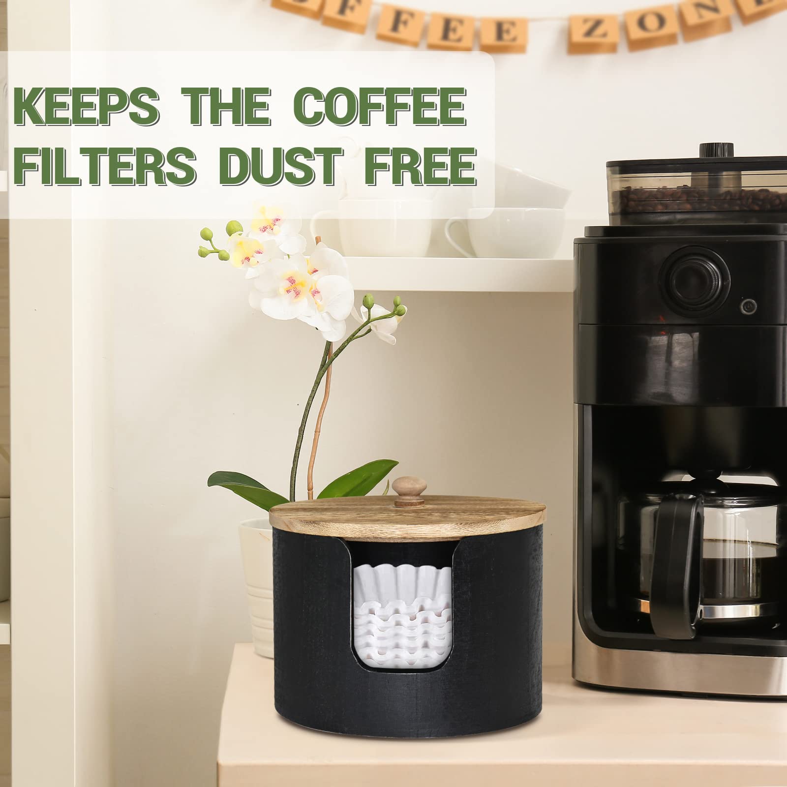 Coffee Filter Holder, Coffee Filter Storage Container, Countertop Coffee Filter Case with Lid, Coffee Filter Basket for Coffee Station Organizer Solo Cups Dispenser, Farmhouse Wood Coffee Pod Holder