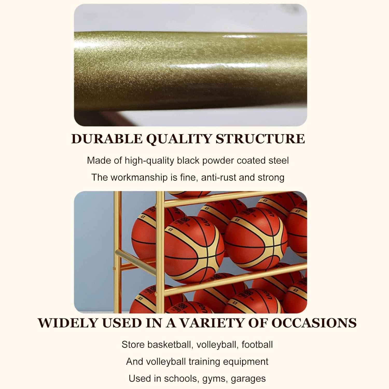 Basketball Rack Ball Storage Garage, Freestanding Sports Balls Metal Display Holder, Sports Equipment Storage Organizer with Wheels, Rolling Football Shelving Storage Car（Gold-82×35×112CM）